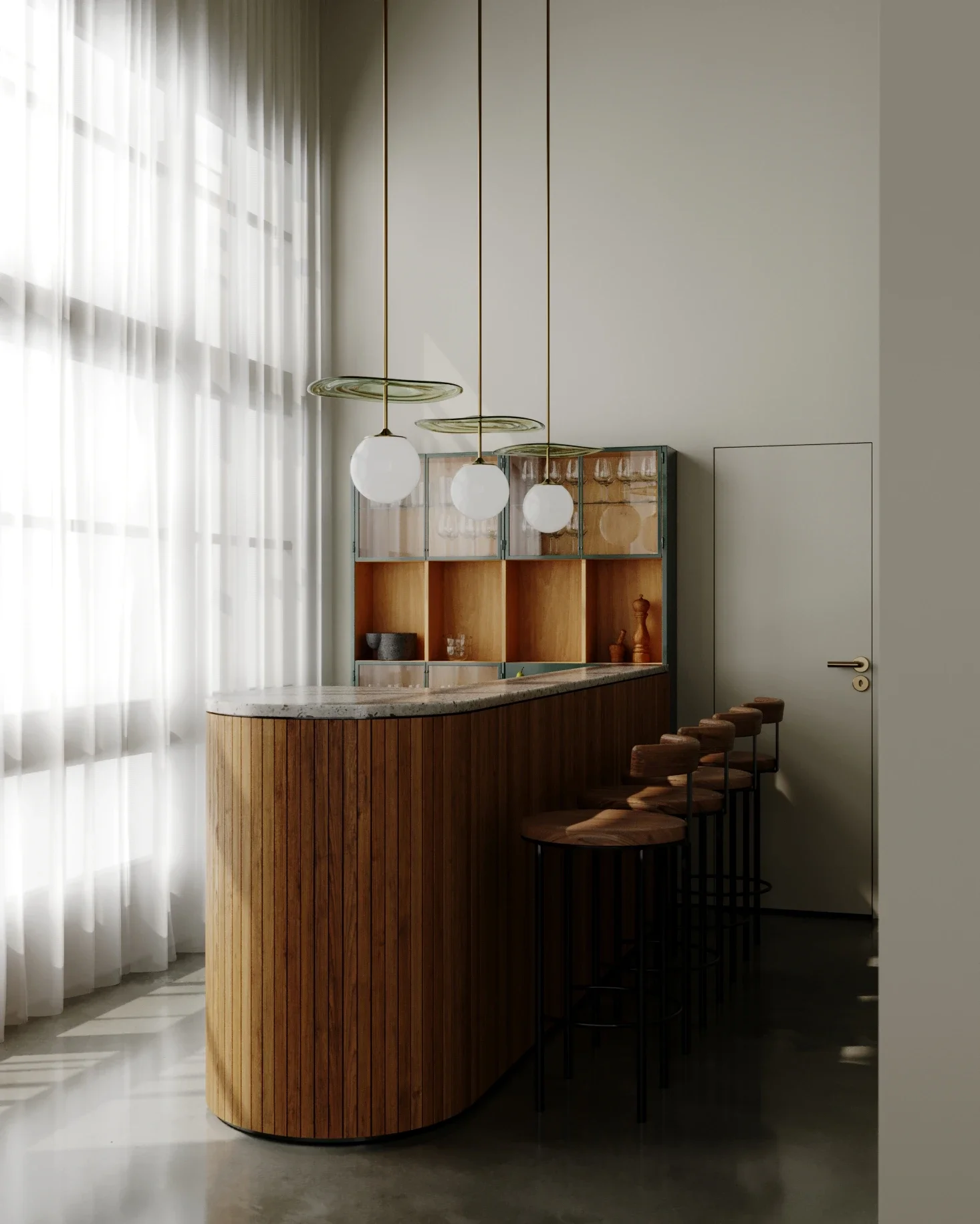 Modern bar area with wooden bar counter, bar stools, hanging pendant lights, and shelves with glassware and decorative items near a large window with sheer curtains.