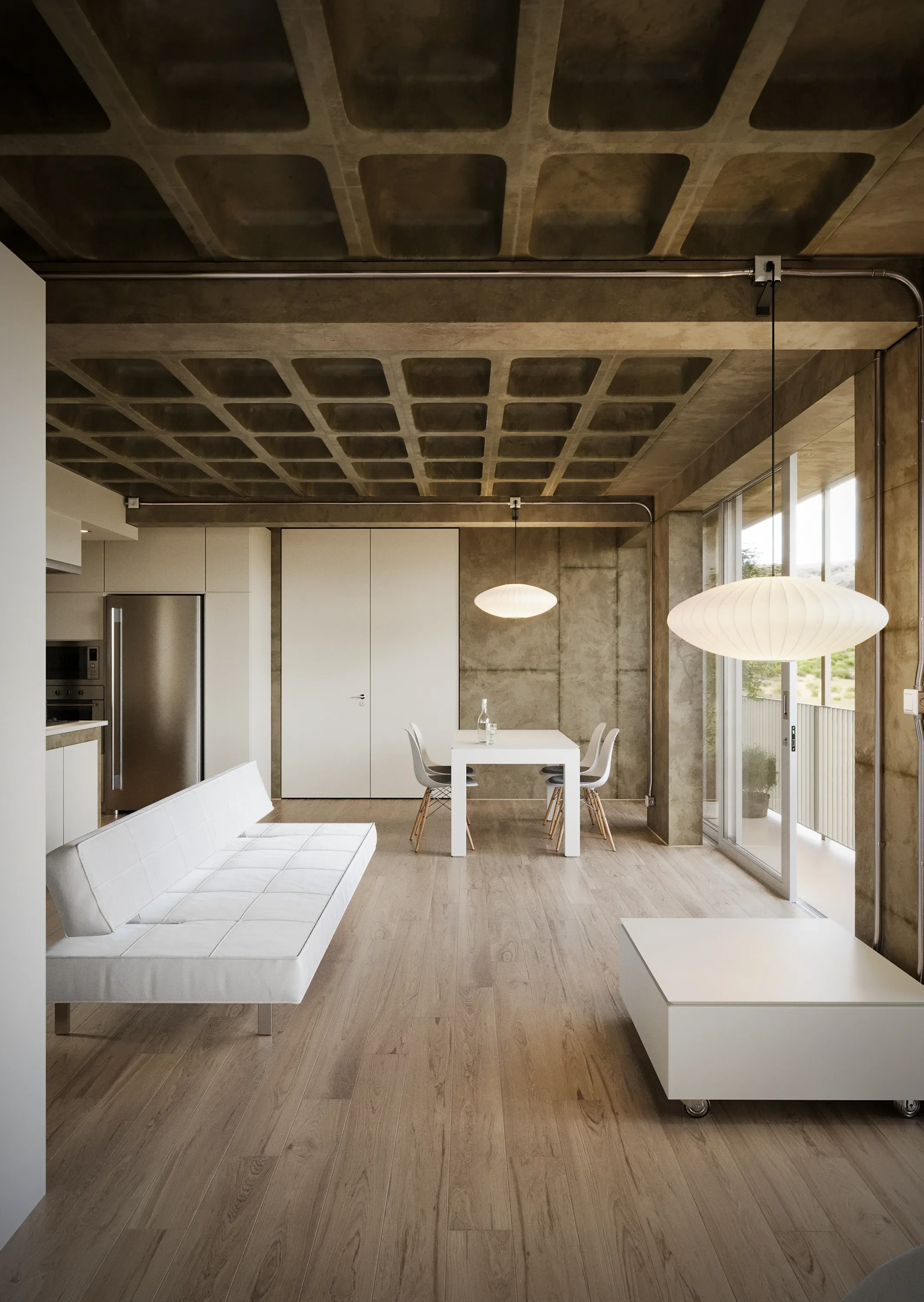 Modern open-concept living and dining area with minimalist design. Features a white sofa, a white dining table with chairs, wooden flooring, concrete and glass walls, and large windows letting in natural light. Decorative pendant lights hang from the