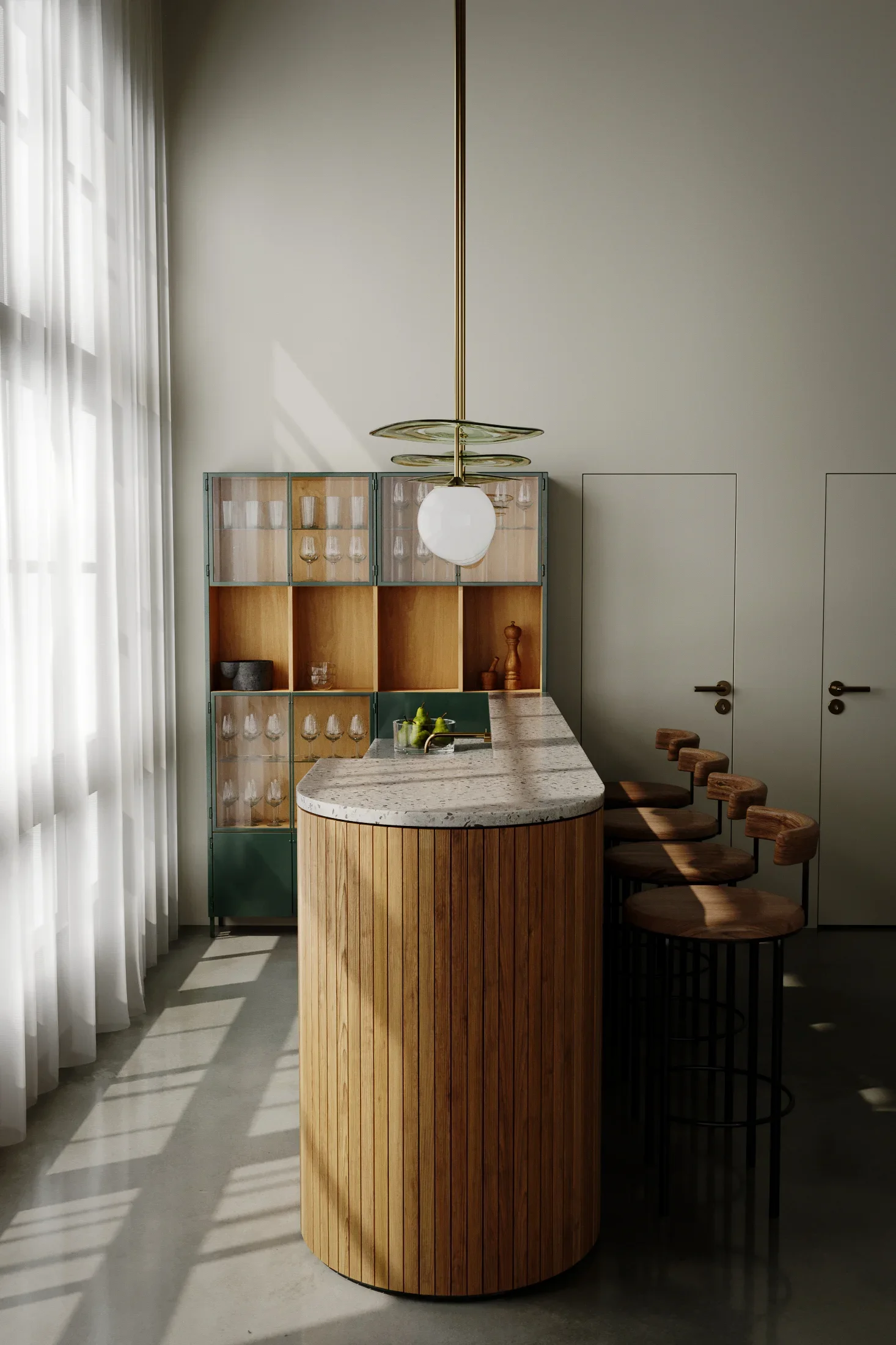 Modern kitchen with a curved wooden bar, white marble countertop, and four wooden barstools near a large window with sheer curtains.