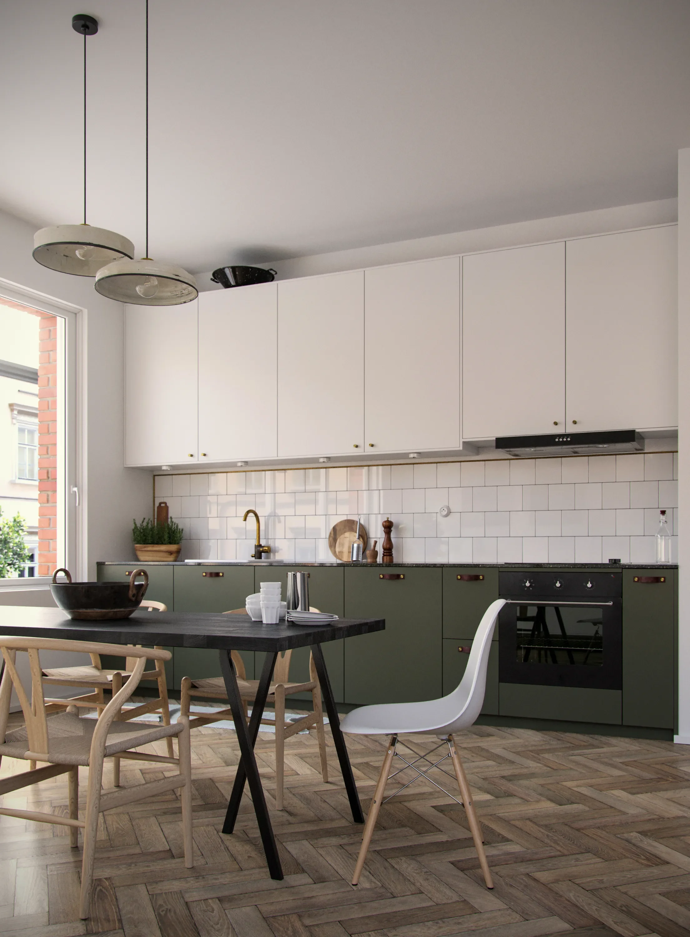 Modern kitchen with white upper cabinets, green lower cabinets, a black oven, white subway tile backsplash, wooden flooring, and a black dining table with chairs. There is a window with brick building visible outside.
