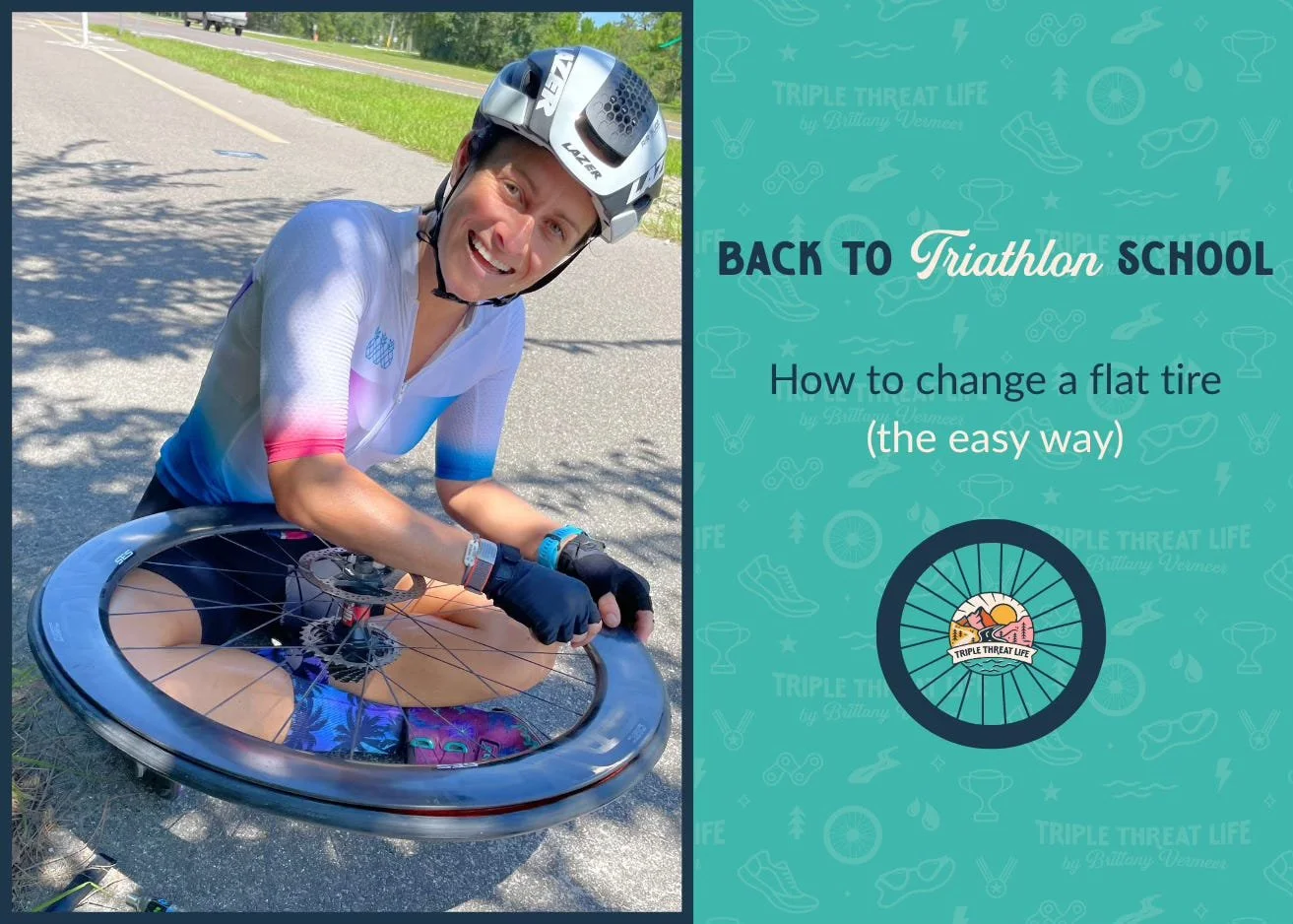 a cyclist changing a flat tire