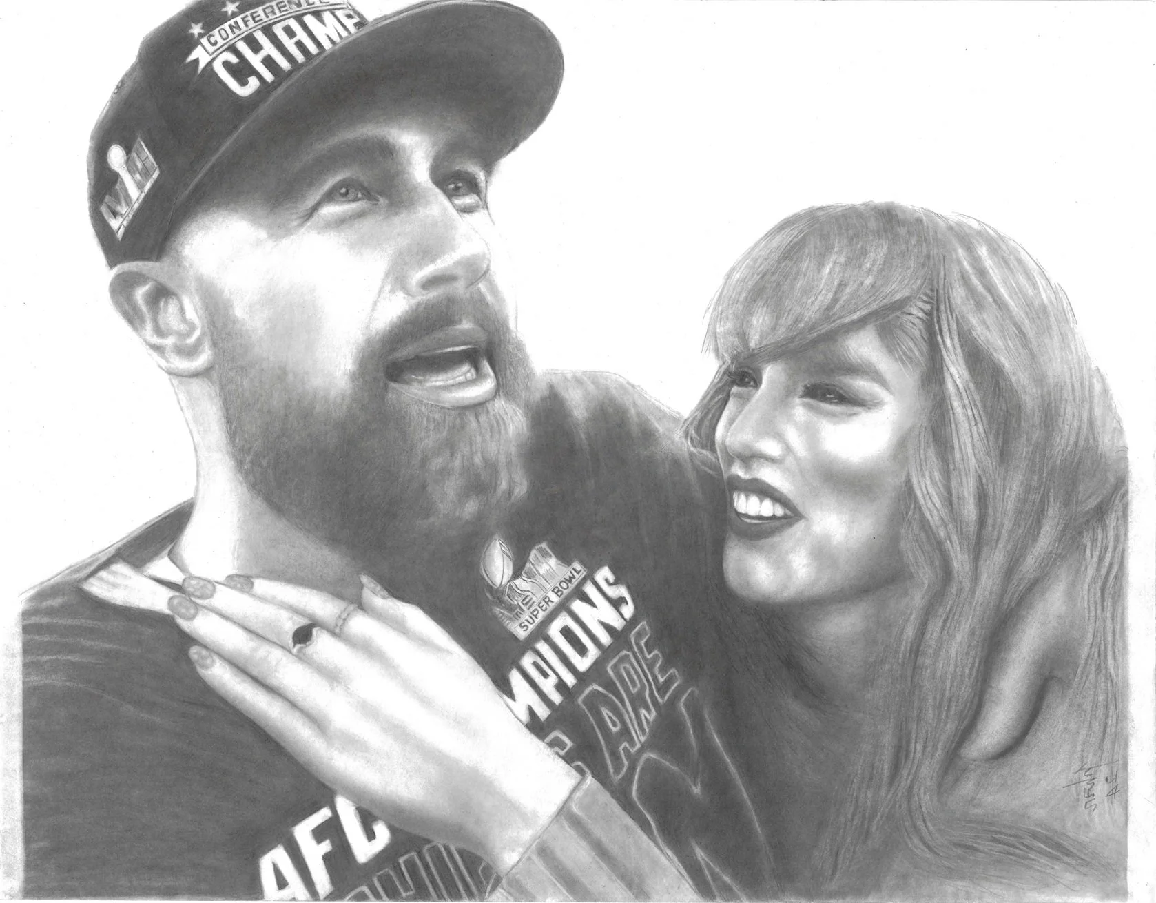 "Taylor & Travis #1" / 2025 / Graphite on paper / 24" x 36" / FOR SALE $500. Taylor Swift and Travis Kelce, Travis smiling and hugging celebrating winning a gridiron football game