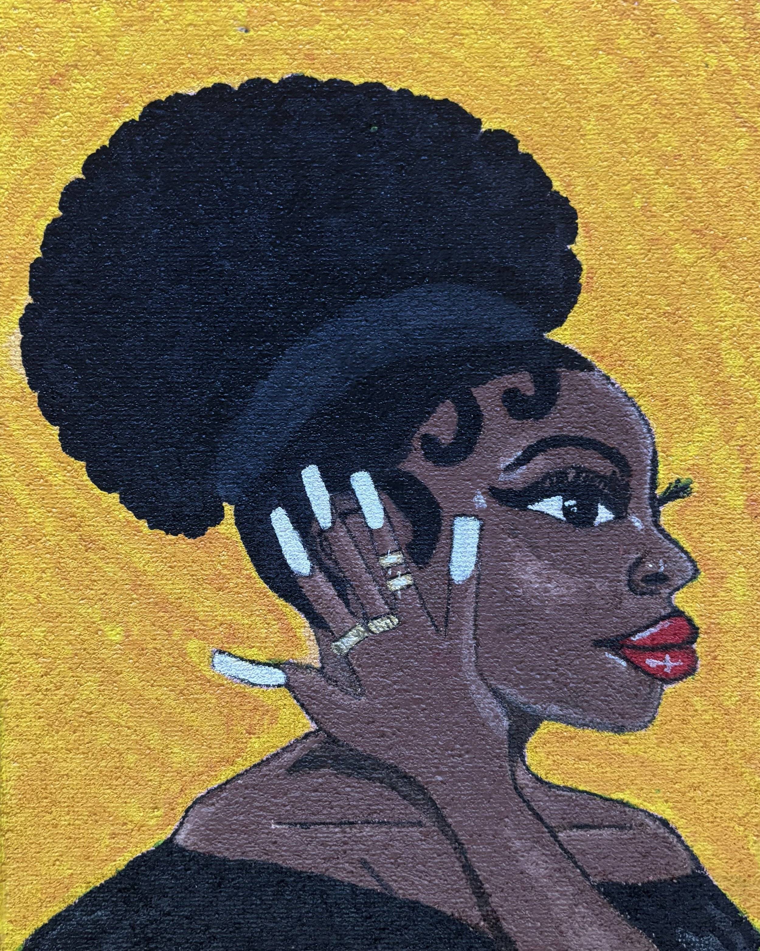 "Quantum Ob1 #15" / Paint on canvas / 13" x 10.5" / FOR SALE $100. A Black woman in profile with long white nails on golden yellow background