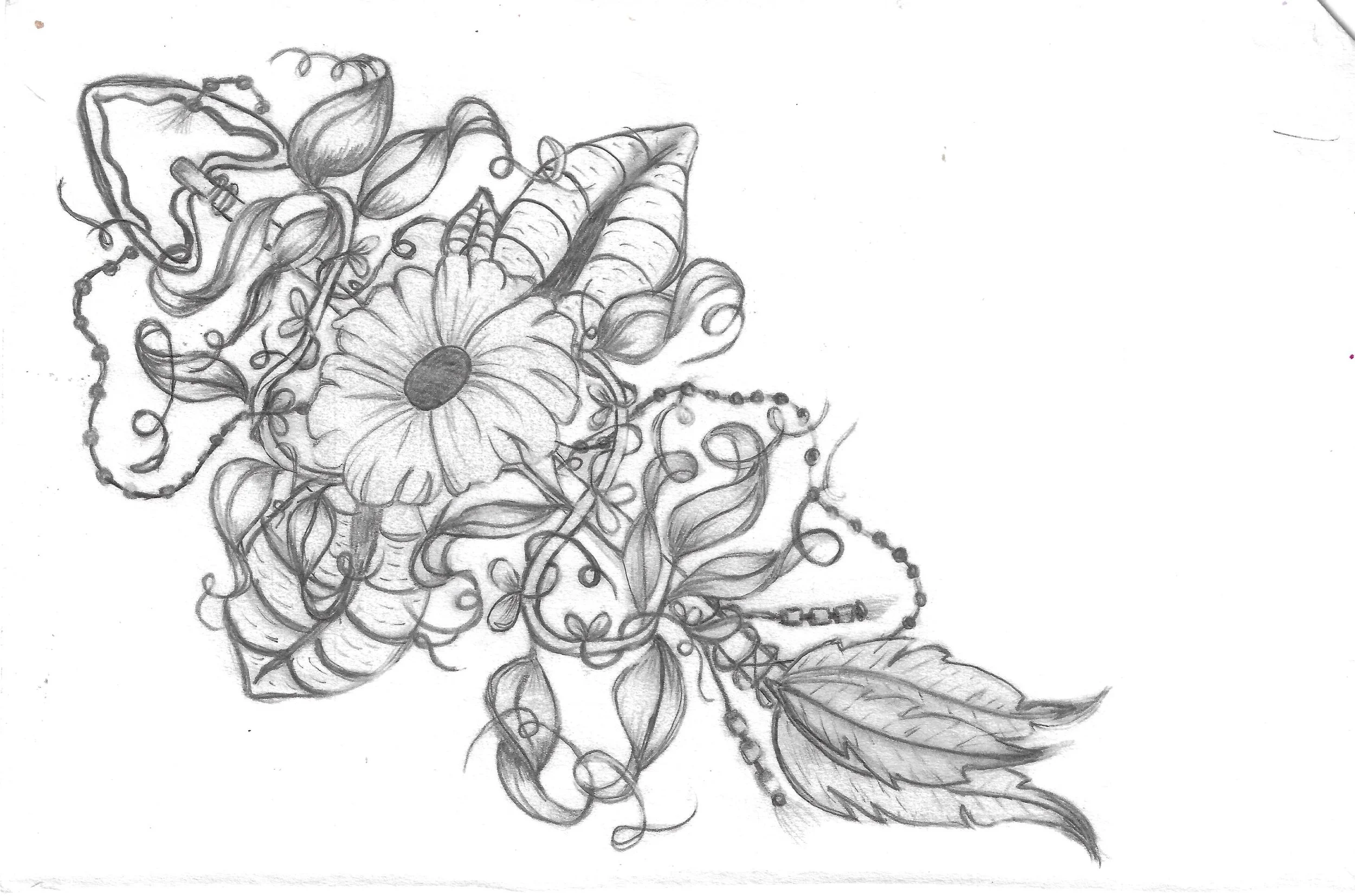 "Arrow and Flower" / 2026 / Graphite on paper / 8.5" x 7.5" / FOR SALE $25. A monochrome tattoo design of an arrow with a flower and foliage in the center. More leaves, vines, and a strand of small beads are swirling around the arrow.