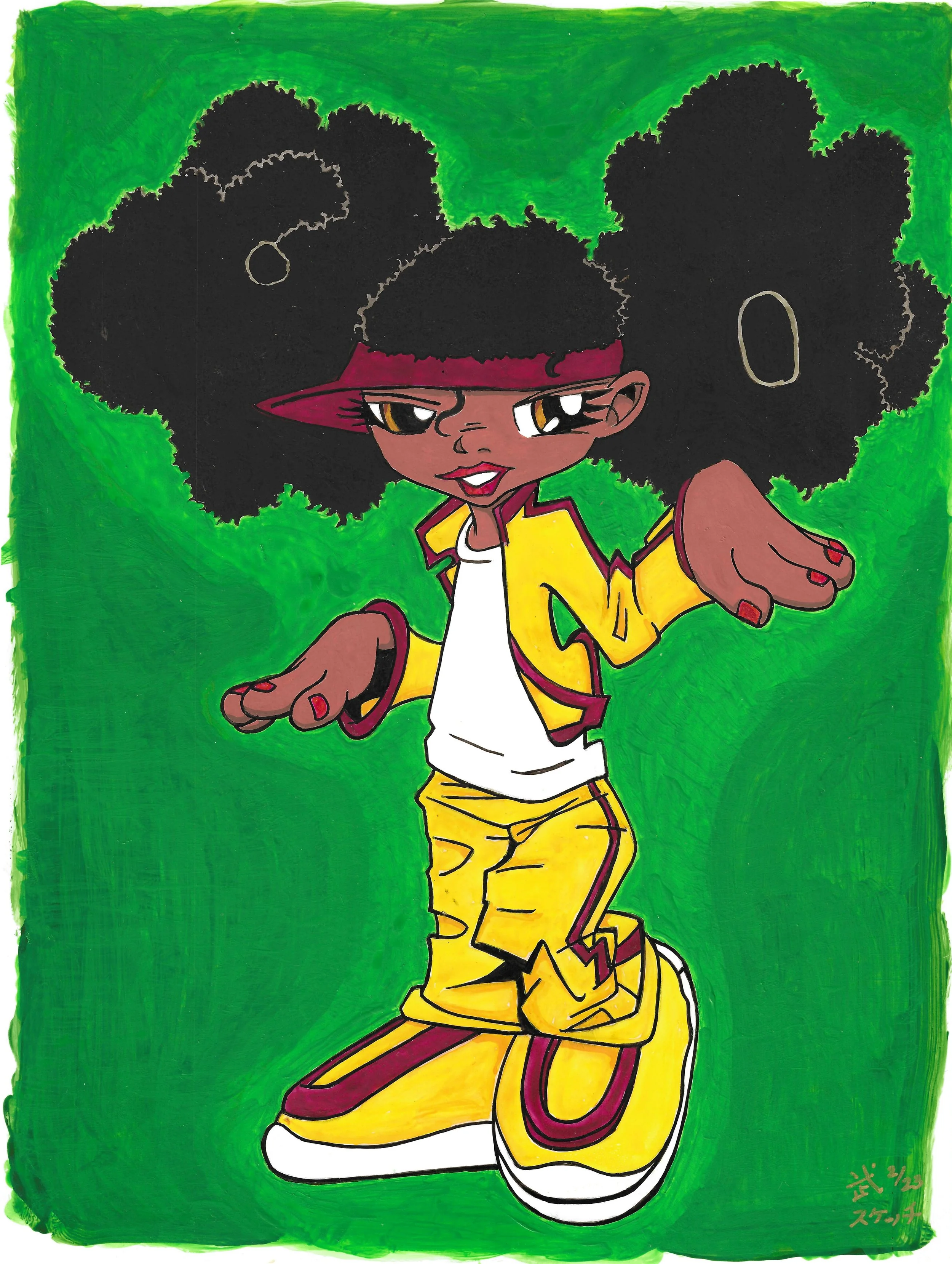 Artwork of a Black girl a visor making a hand gesture