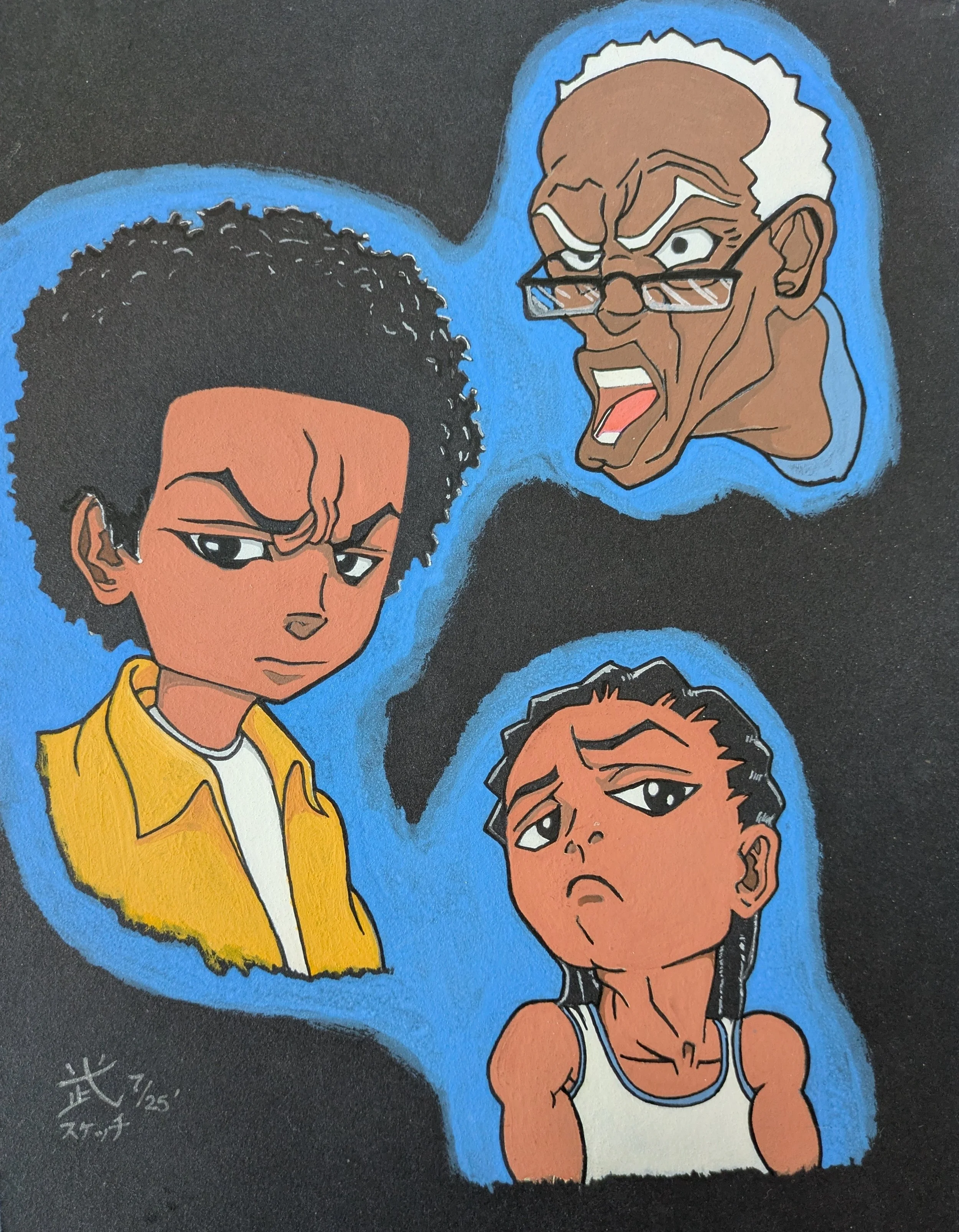 "Granddad and the Boys", Granddad, Huey, and Riley from "The Boondocks" surrounded and connected by cobalt blue
