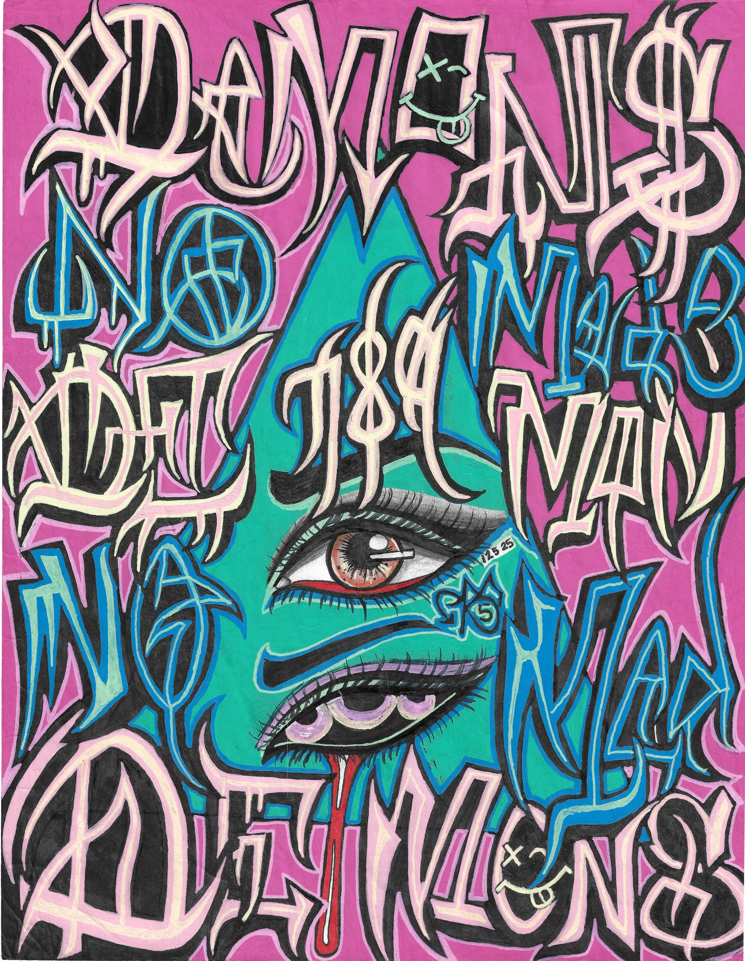 "Eyes of Dichotomy", black markers, gel pens, and pencil on paper, 2025. Abstract artwork of a teal triangle with two eyes within it and the words "demons" and "no meds" repeated in swirly multi-colored lettering on a pink background

puppet says: "I