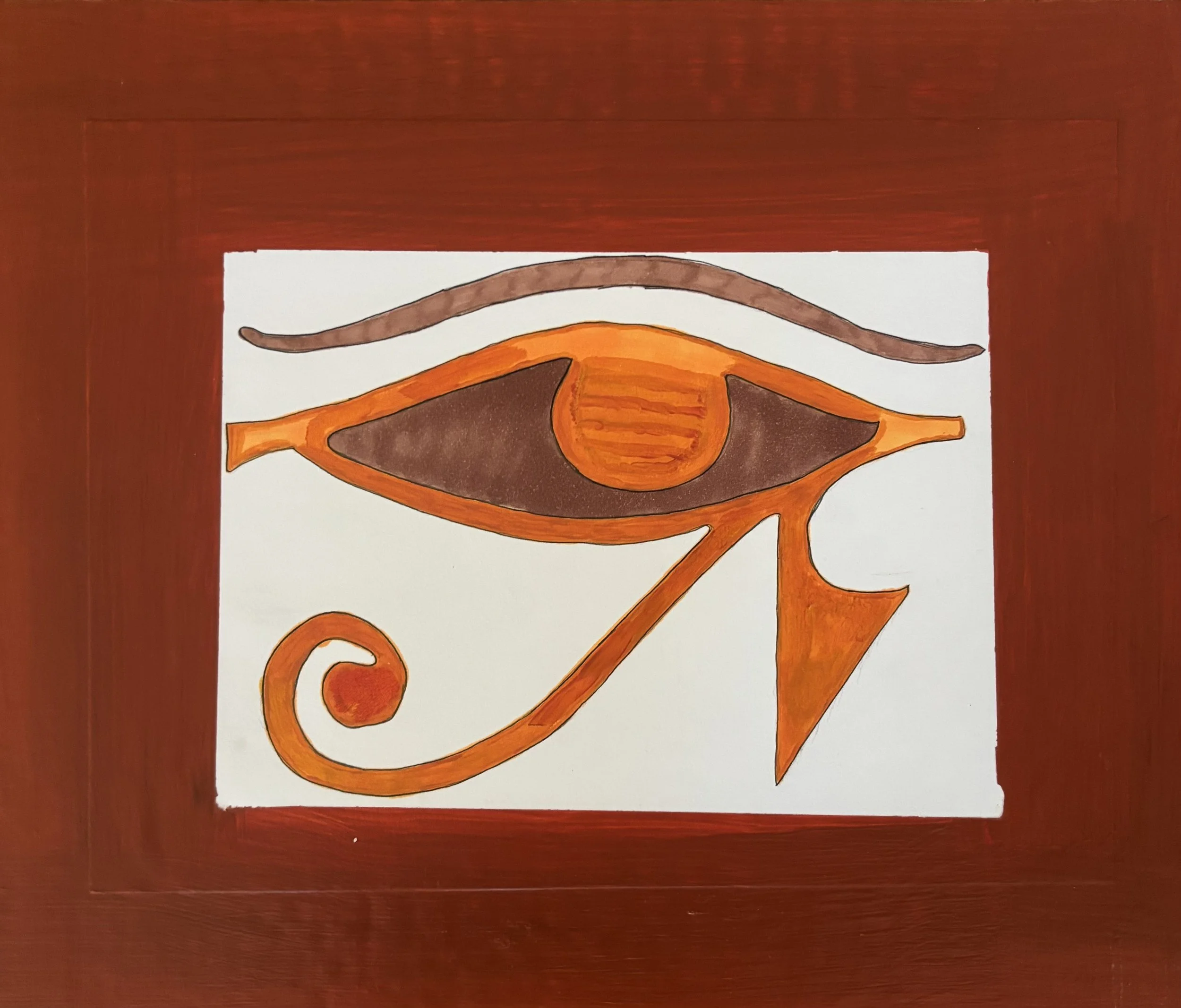 "Quantum Ob1 #13" / Paint on cardboard / 12" x 14" / FOR SALE $50. An orange and brown Eye of Horus on white with a sienna border