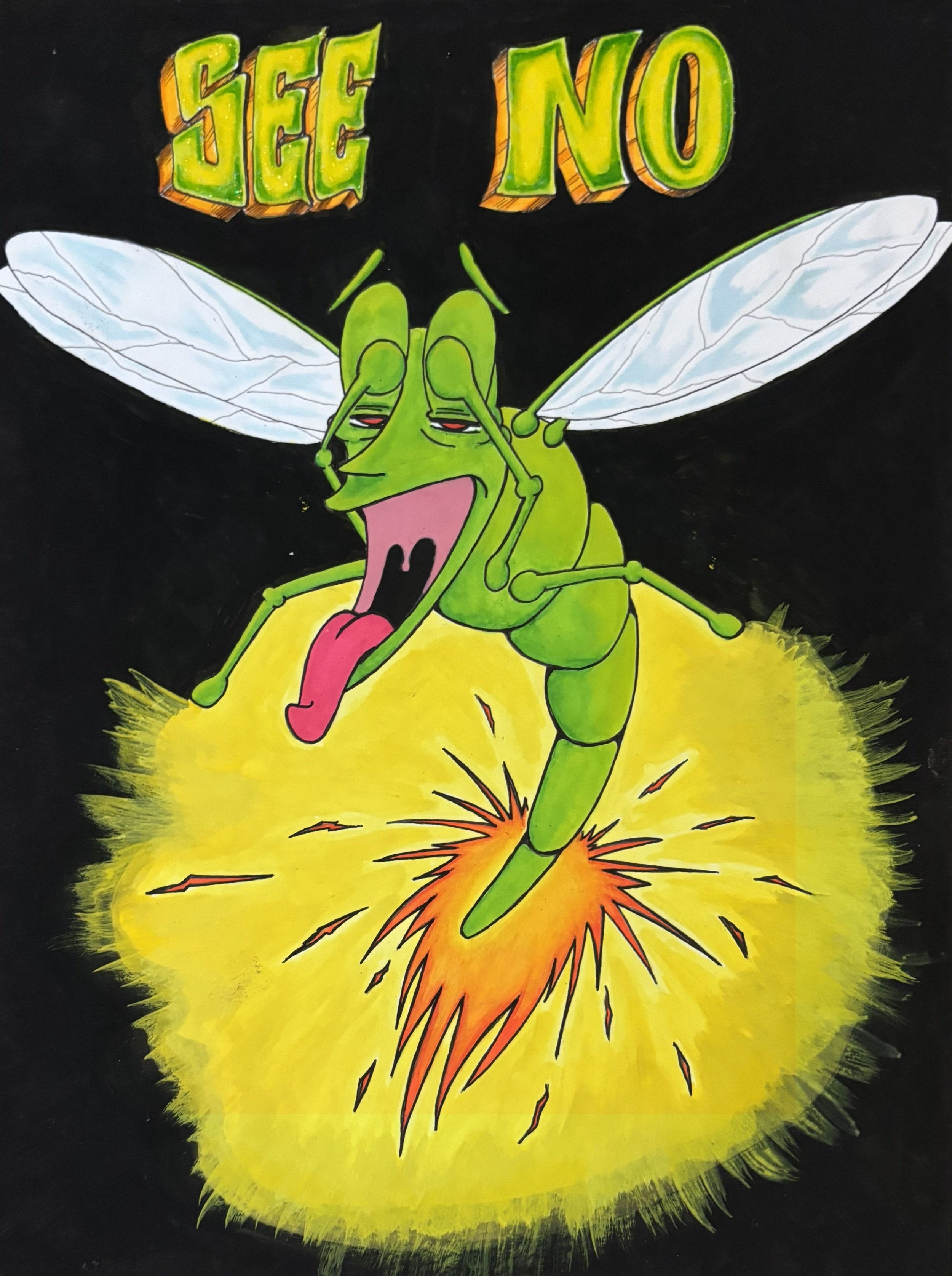 Artwork of a winged creature with its hands over its eyes and the words "See No"