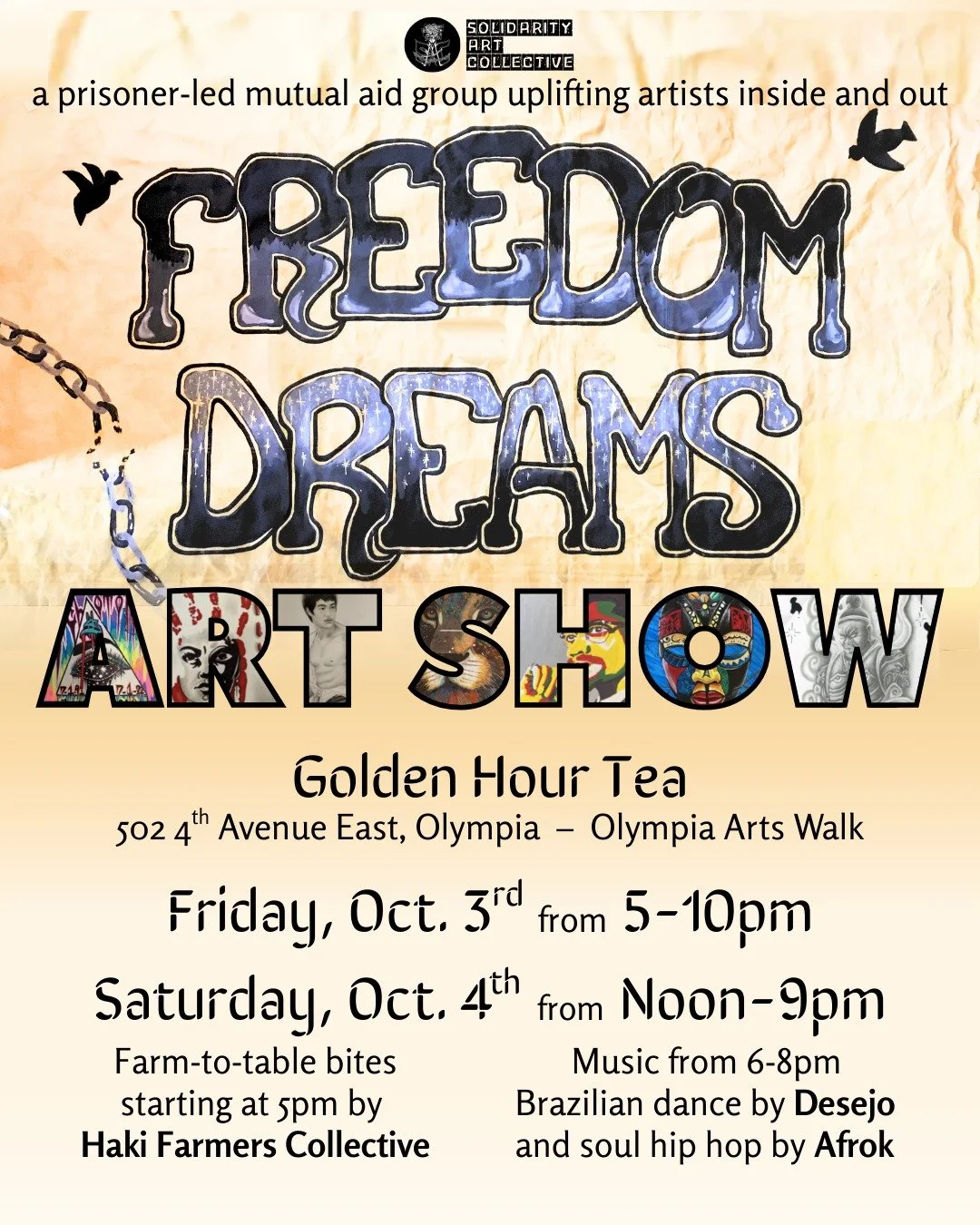 Visit @goldenhourteaoly during Olympia Arts Walk for the Freedom Dreams Exhibition featuring new original pieces, more prints, and new artists🔥❤️
On Saturday evening there will be food from Haki Farmers Collective and music from Desejo and Afrok!

I