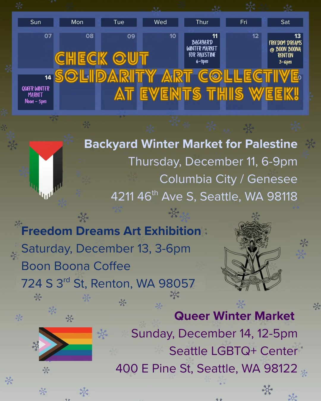 Reminder that SAC will be at THREE different events this week to close out 2025! 

On Saturday, we have our &quot;Freedom Dreams&quot; art exhibition at @boonboonacoffee in Renton from 3-6pm. And we are also tabling at two art markets - the Backyard 