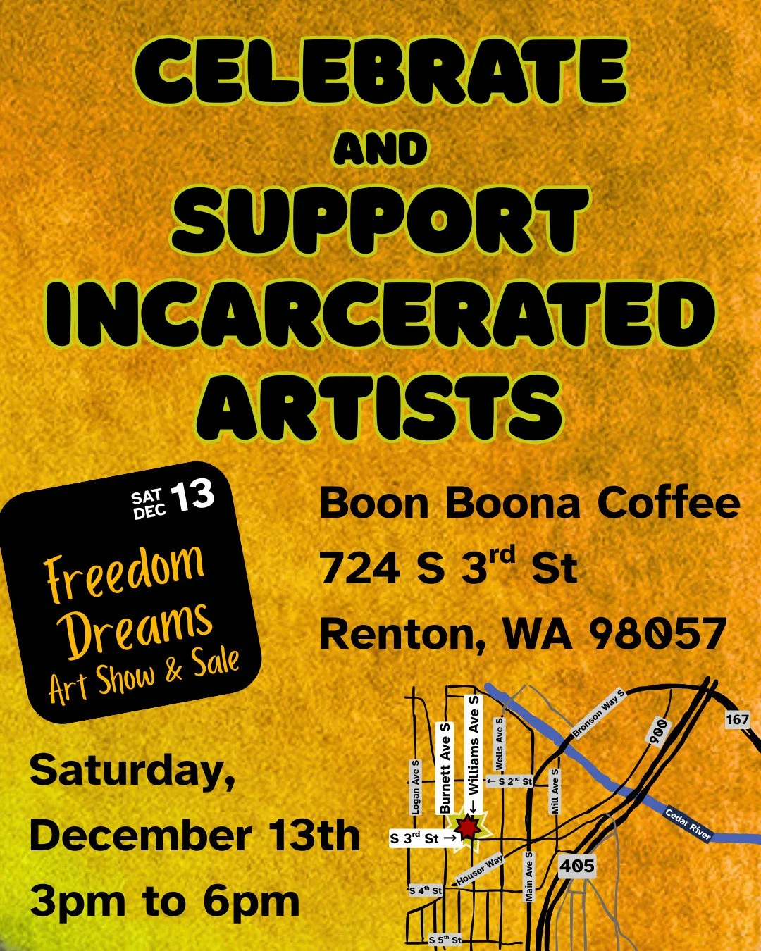 Reminder to come out to see the Freedom Dreams exhibition on Saturday, featuring pieces in many different mediums by incarcerated artists! Join us at @boonboonacoffee in Renton for our last full exhibition of 2025 🎨⛓️&zwj;💥✊🏽

📅 Saturday, Decembe