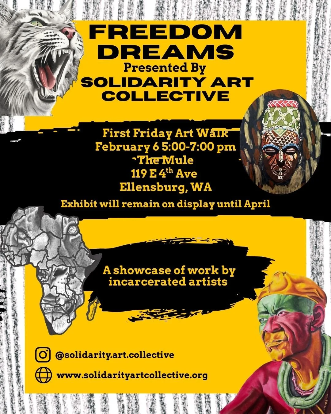 Announcing our first Solidarity Art Collective event of 2026 - and our first show in central Washington! "Freedom Dreams", a rotating showcase of work by incarcerated artists, will open at @themulecocktailbar in Ellensburg as part of the Fi