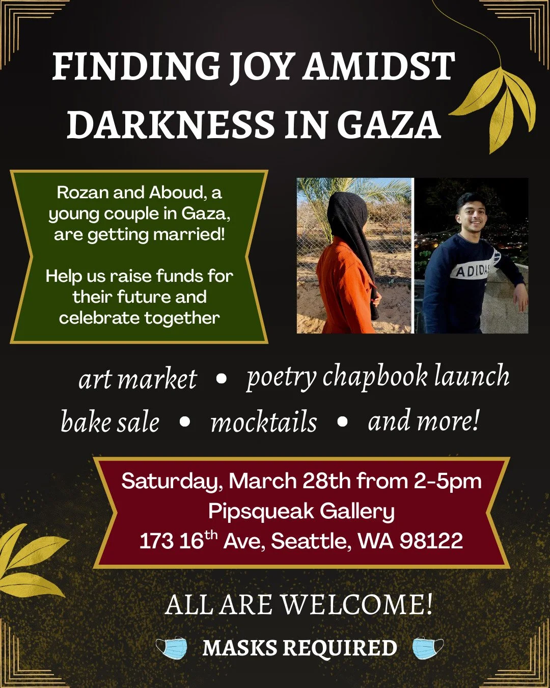 SAC will be tabling at this event to raise survival funds for a young couple in Gaza! We'll have art prints, beadwork, ceramics, SAC merchandise, and more for sale, with part of the proceeds going directly to @rozan.njr and @aboad_alnajjar. Come stop
