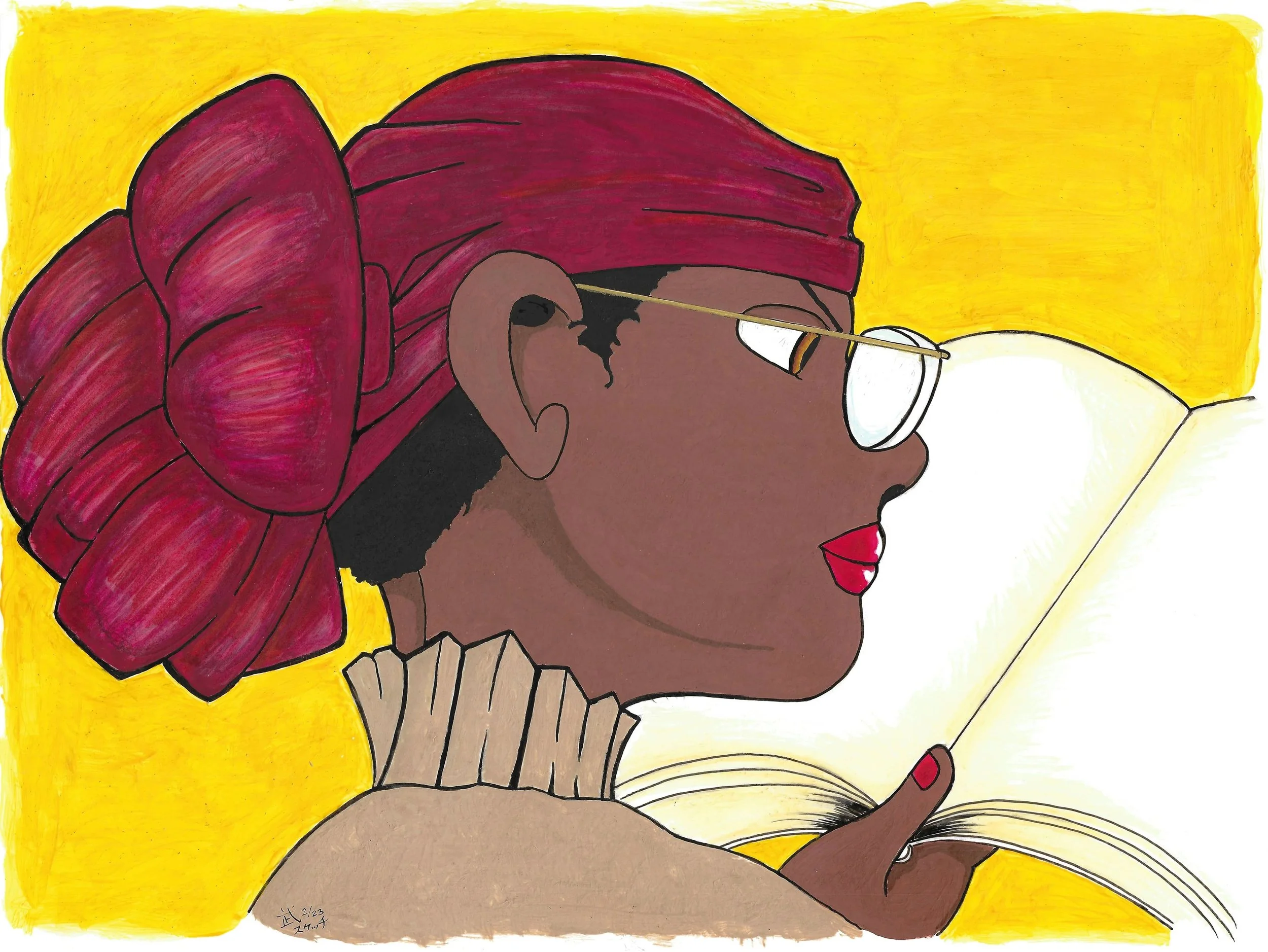 Artwork of a Black person reading