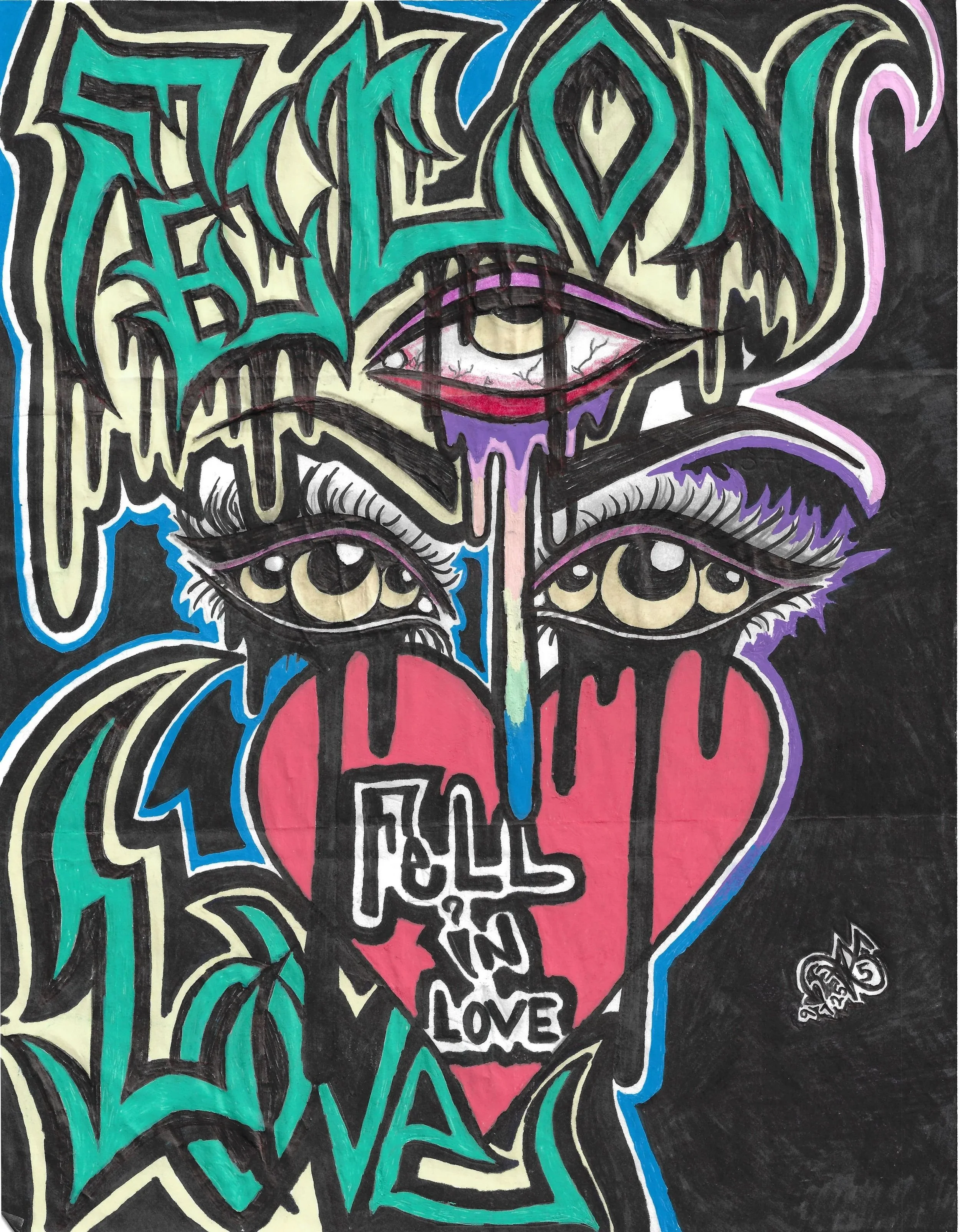 Abstract artwork of an upside down face and a heart below it, with the words "Felon Fell in Love"