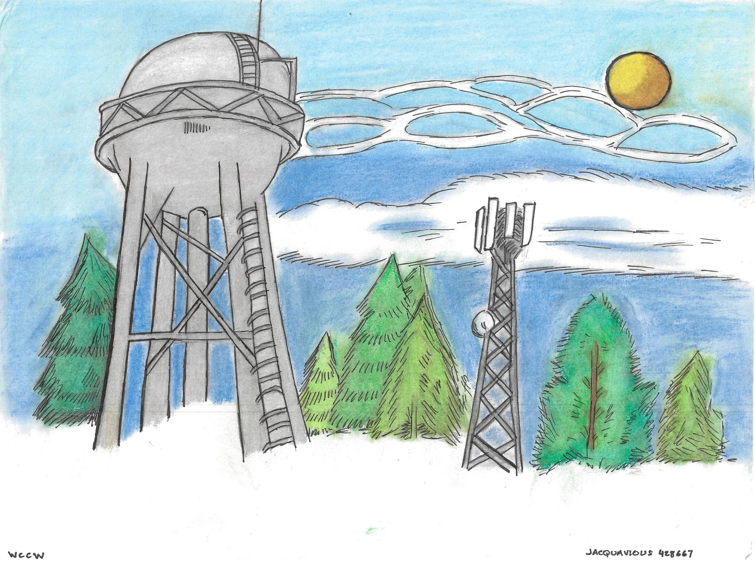 A landscape including a water tower, cell tower, and evergreen trees.