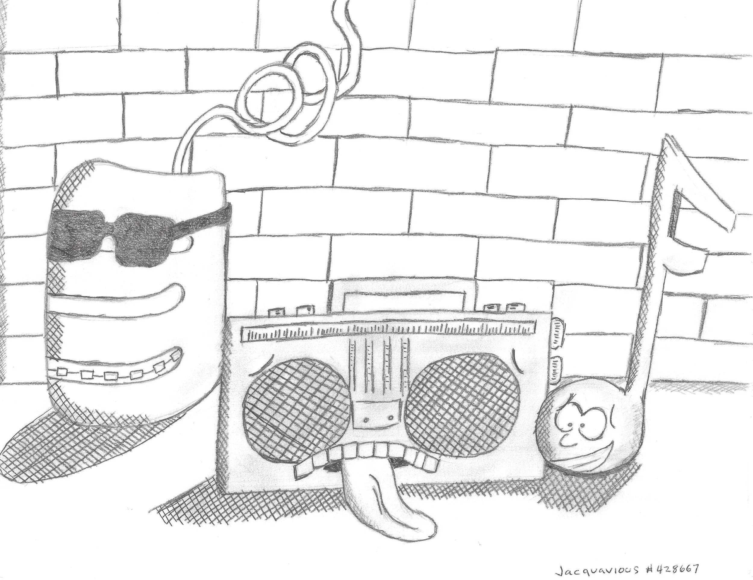 A bluetooth speaker, boombox, and musical note that all have faces and are hanging out on a hot day