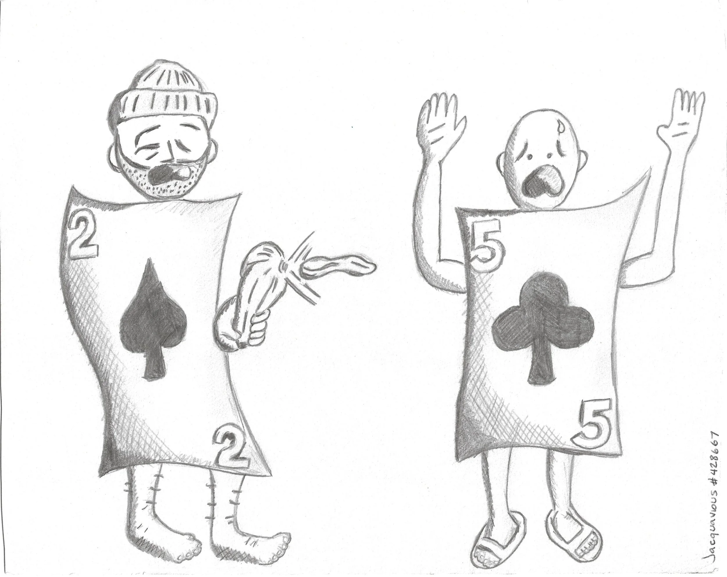 Two anthropomorphized player cards with human heads and limbs; the Two of Hearts is shooting the Five of Clubs with a gun