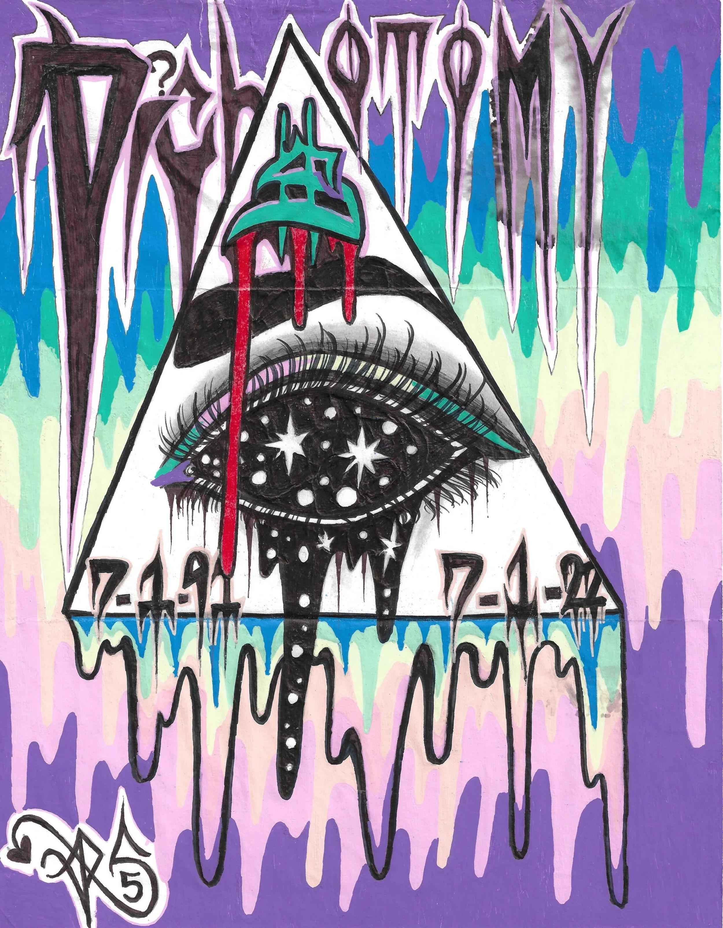 "Dichotomy", marker on paper, 2025. Abstract artwork of a black eye with stars inside a triangle, and streaky colors in the background