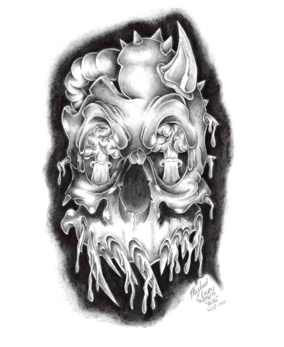 Michael Elmore / "Skull" / 2026 / Pen and mixed media on paper
