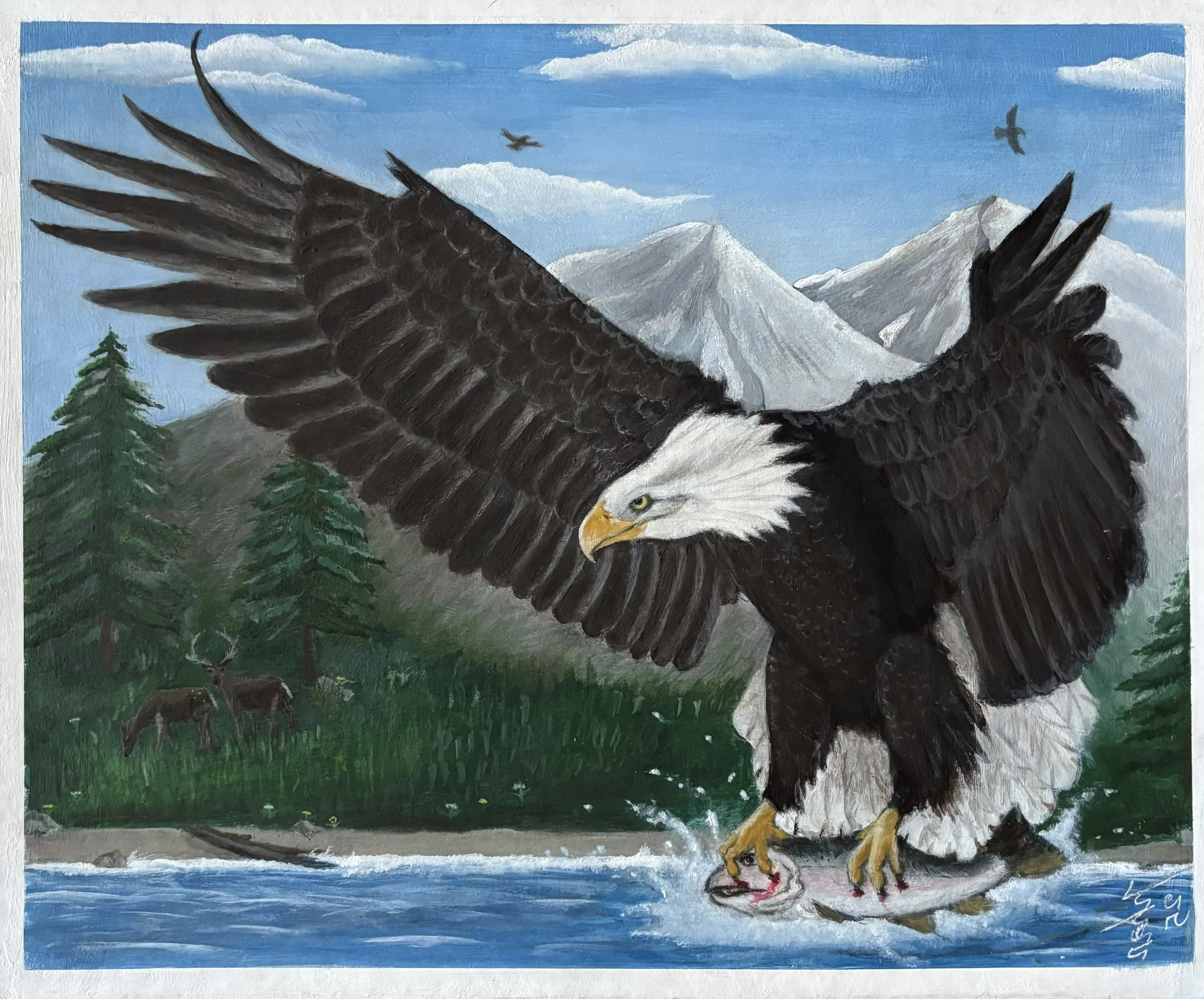 Colored pencil artwork of an eagle swooping to catch a fish from the water, with mountains in the background