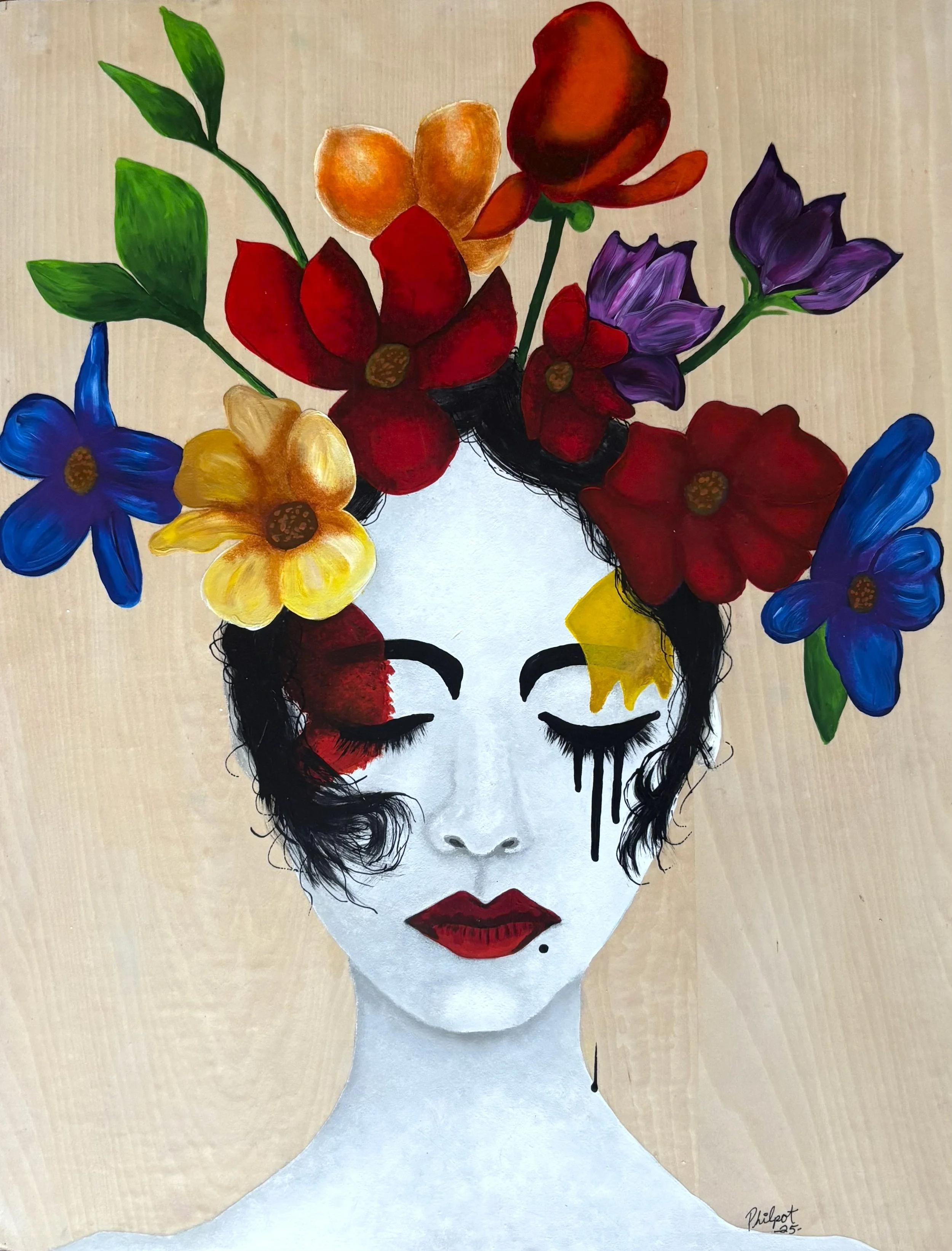 "Flower Maiden" / 2026 / Acrylic on wood / 26" x 20" / FOR SALE $200. A women with a white face and stark features, including black smudges on either side of her head. Instead of hair, she has different wildflowers growing out of her head