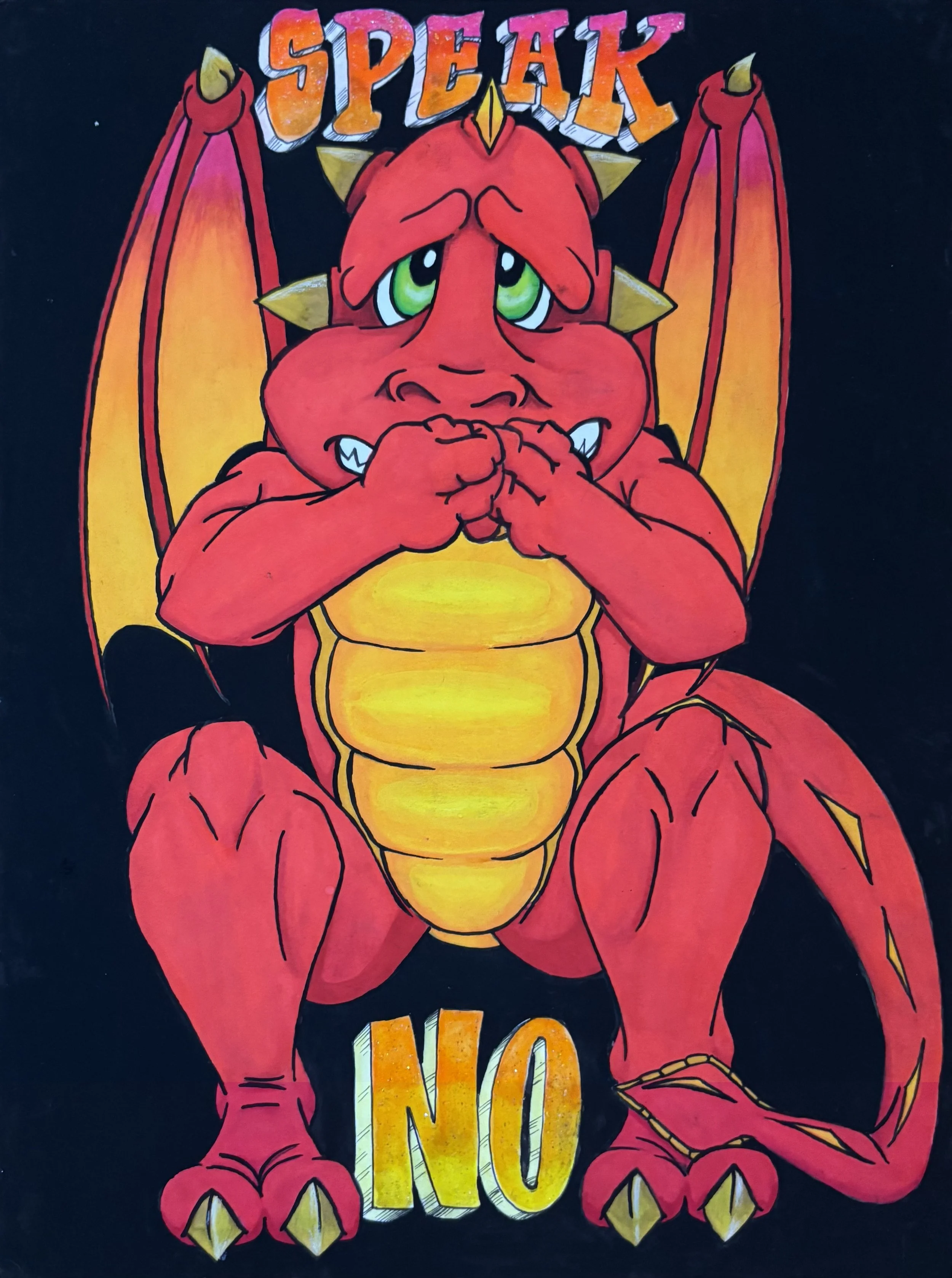 Artwork of a red monster with wings covering its mouth and the words "Speak No"