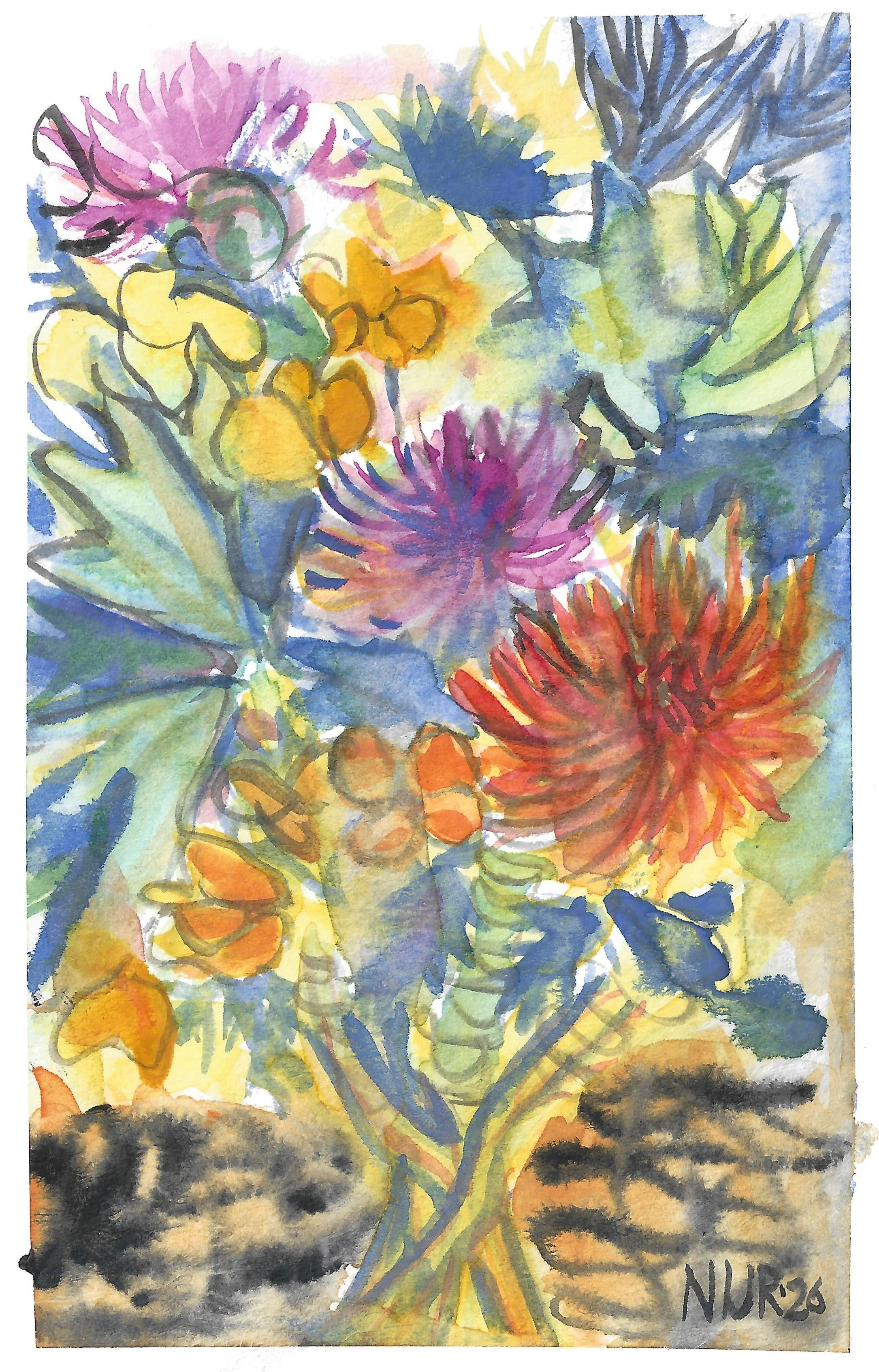 "Bouquet" / 2026 / Watercolor on paper / 6 " x 4" / FOR SALE $5-10. Flowers fill the frame from intertwining stems contrasting with iterations of smooth and spiky petals of contrasting colors. Strong black lines curl vibrantly in and around the bouqu