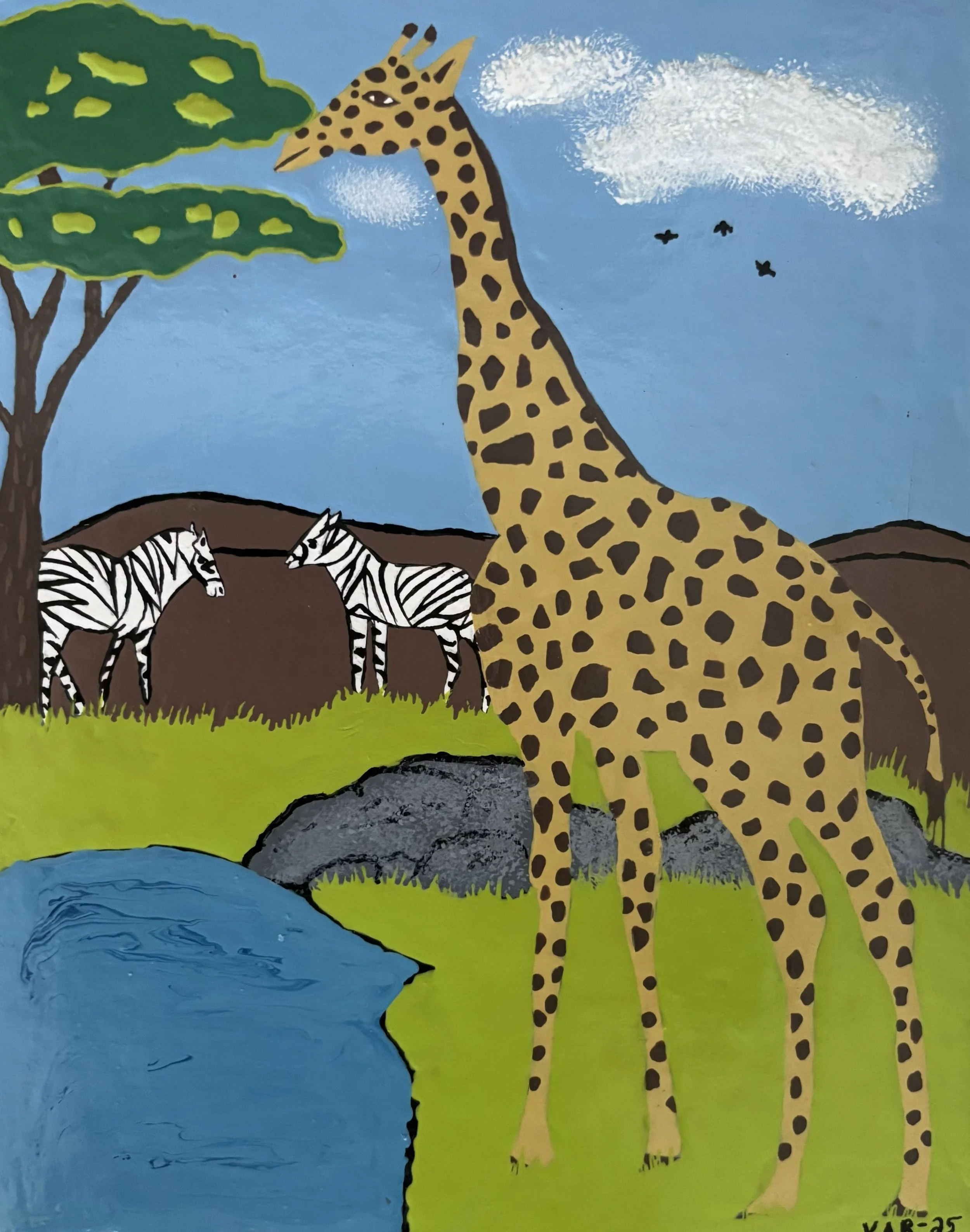 "African Wildlife", acrylic paint on chipboard. Two zebras and a giraffe gathered together by a water hole with a tree to shade them from the heat.