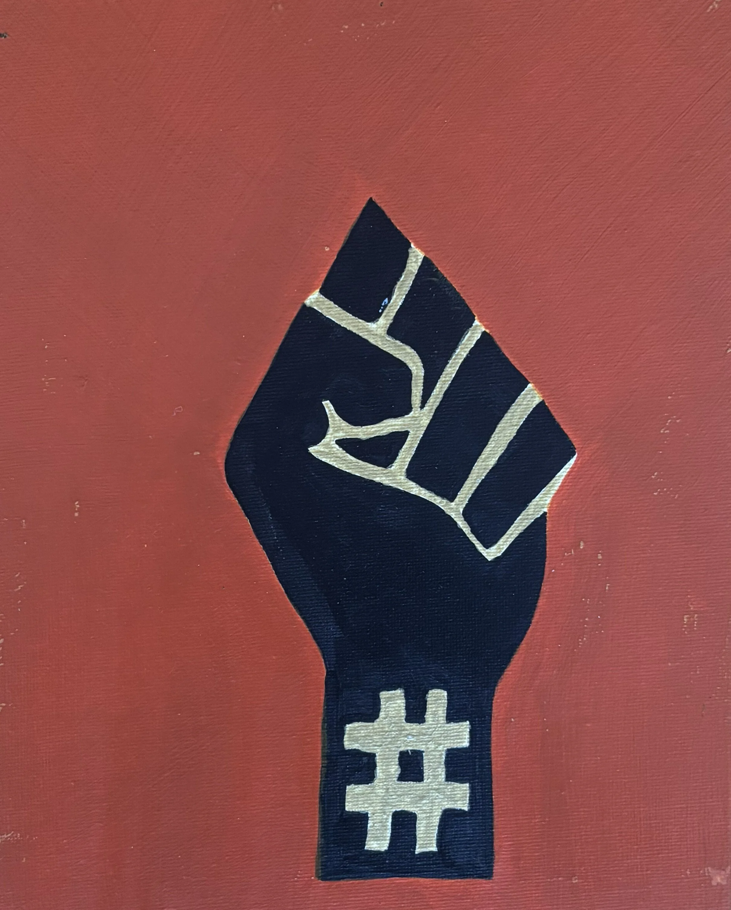 "Quantum Ob1 #7" / Paint on canvas panel / 10" x 8" / FOR SALE $50. Geometric Black fist with hashtag on a brown background