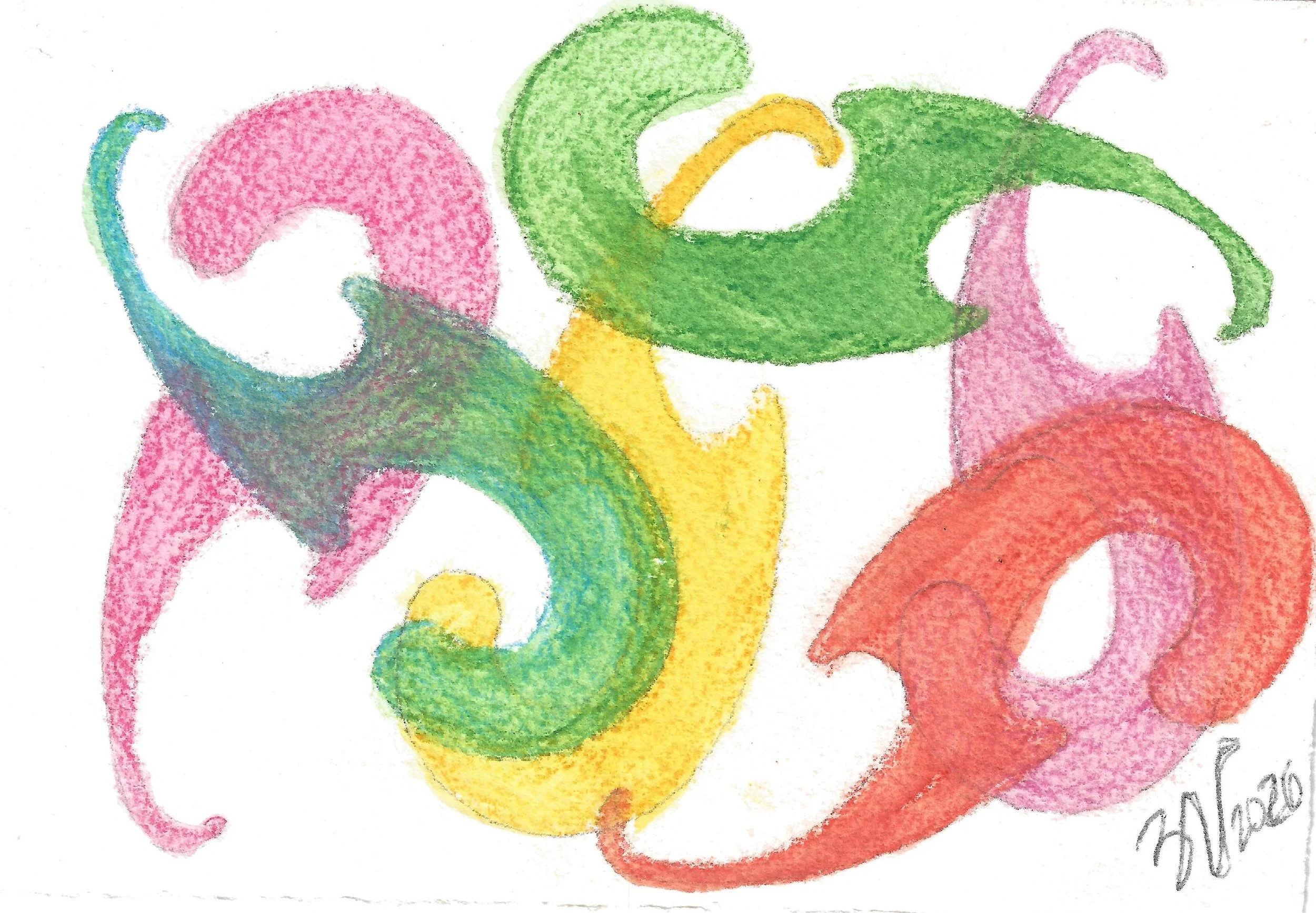 "Curve", graphite and watercolor on paper, 2026. Six overlapping French curve shapes in different colors in an abstracted arrangement, deliberately showing both order and chaos.