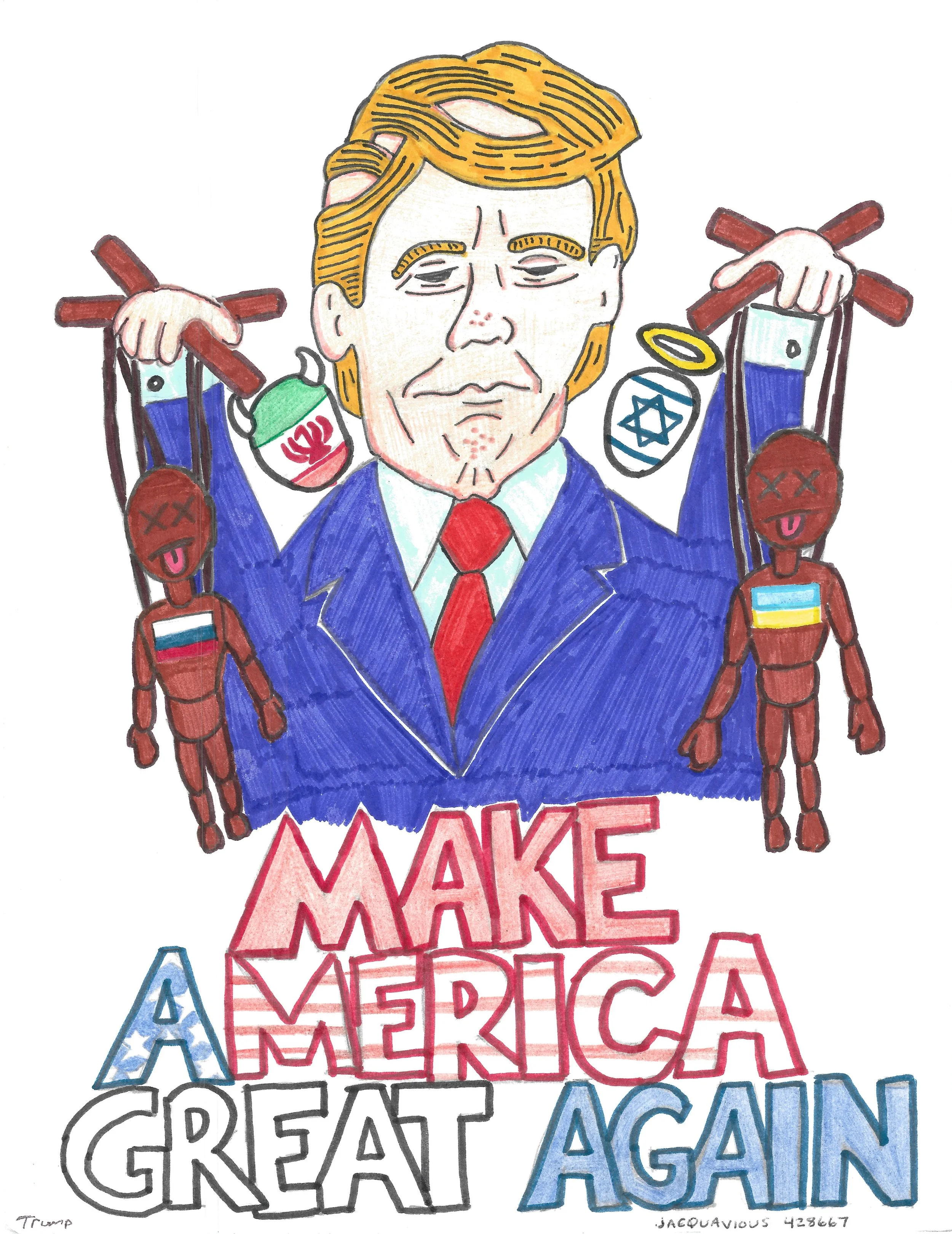 Satirical artwork of Donald Trump with and angel and devil on his shoulders, the angel having the Israeli flag and the devil the Mexican flag. He's also holding two puppets that are both dead, one with the Russian flag and the other with the Ukrainia