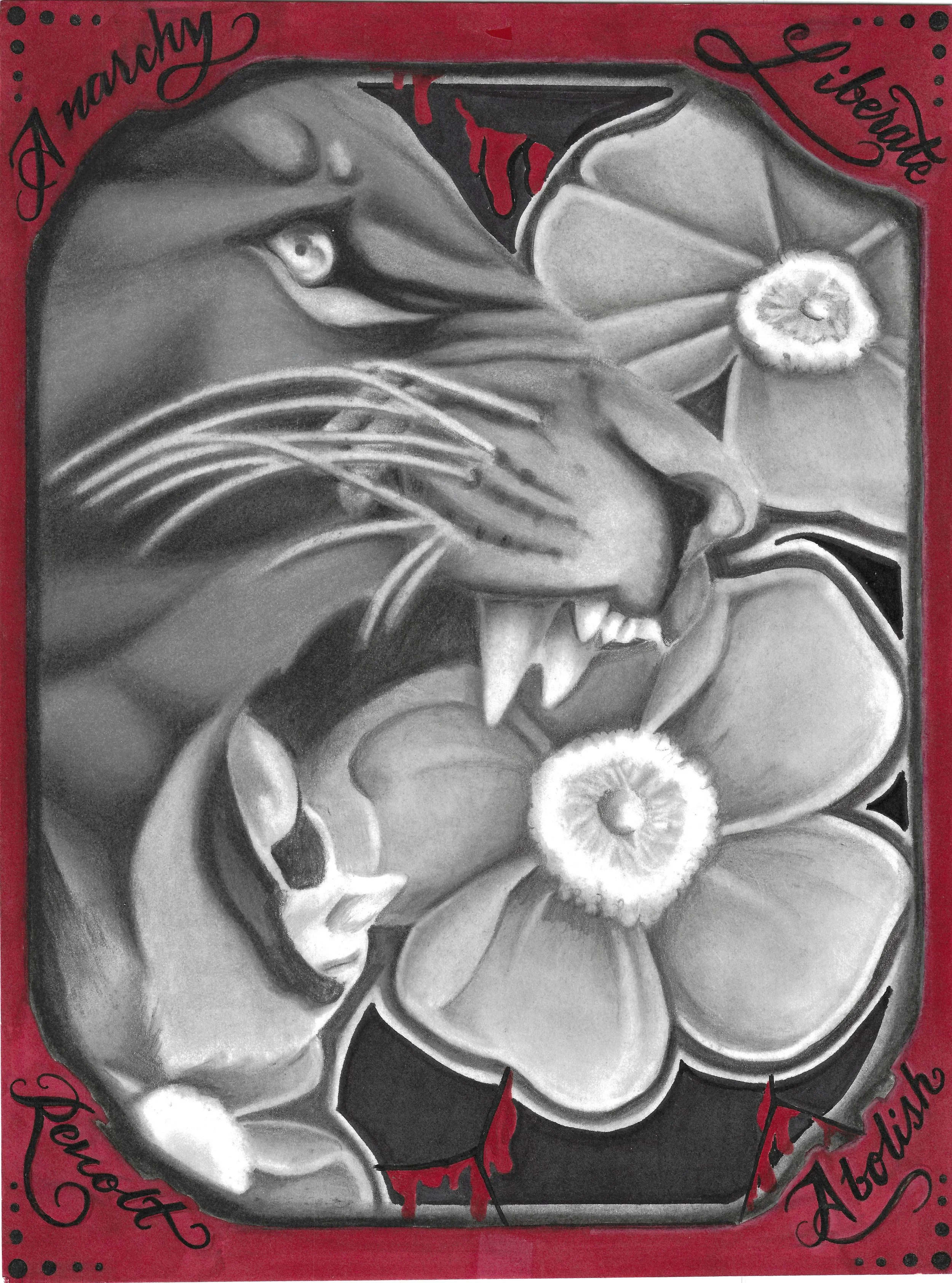 "Untitled #5", pastel and ink on paper, 12"x9". A black-and-white panther in profile snarling with two flowers behind it, with a dark red border and the words "Anarchy, Liberate, Abolish, Revolt" in the corners.