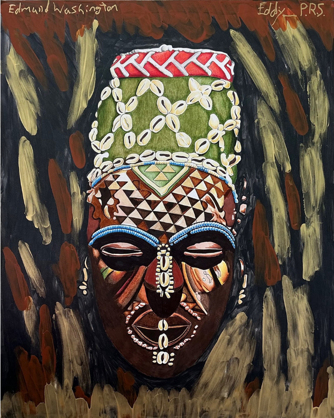 A sienna brown wooden mask with blue beads and cowrie shells. Around the mask are large brushstrokes of a pale tan green and sienna on deep gray black background.