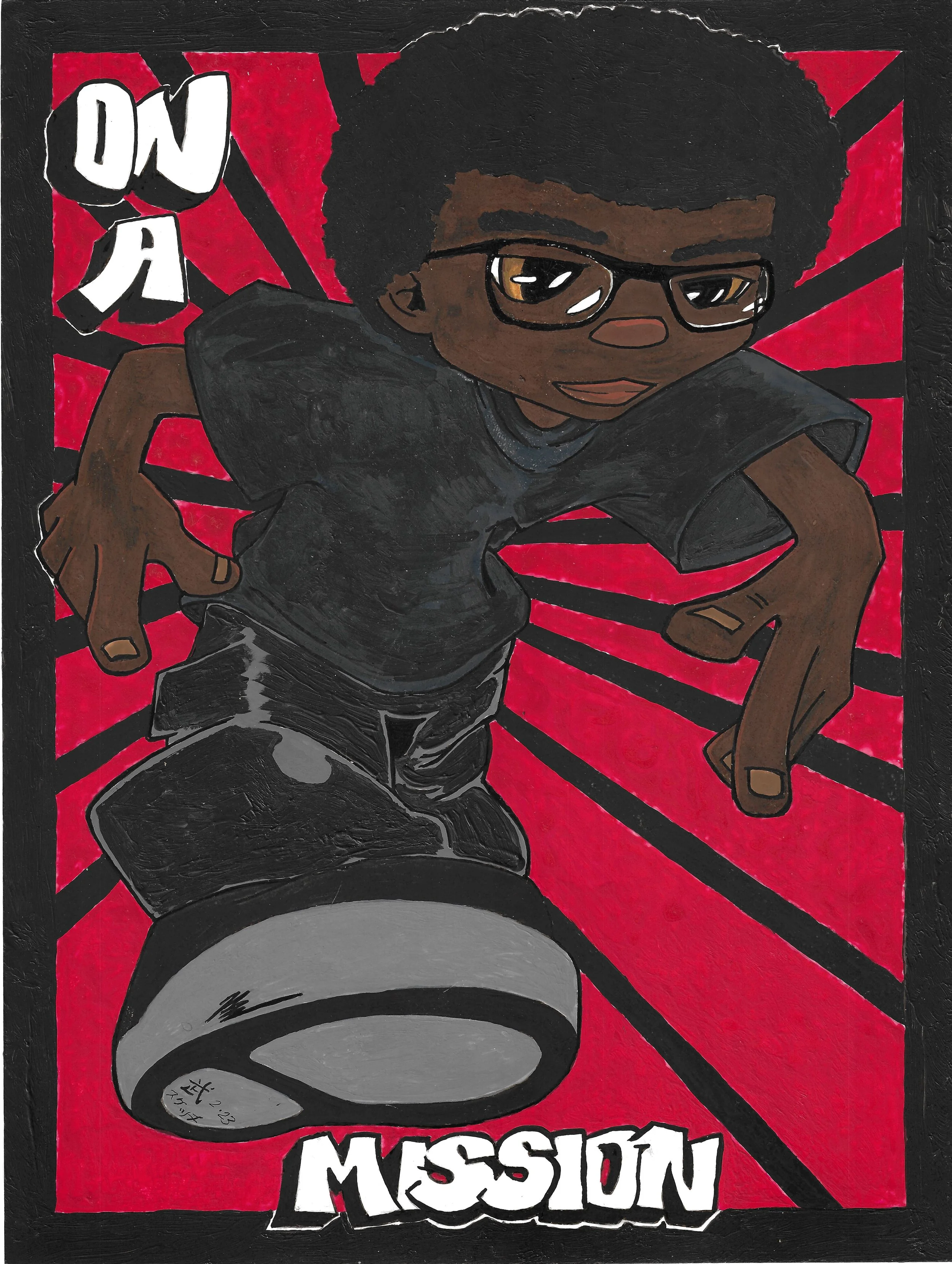 Artwork of a Black boy with glasses running with the words "On a mission"