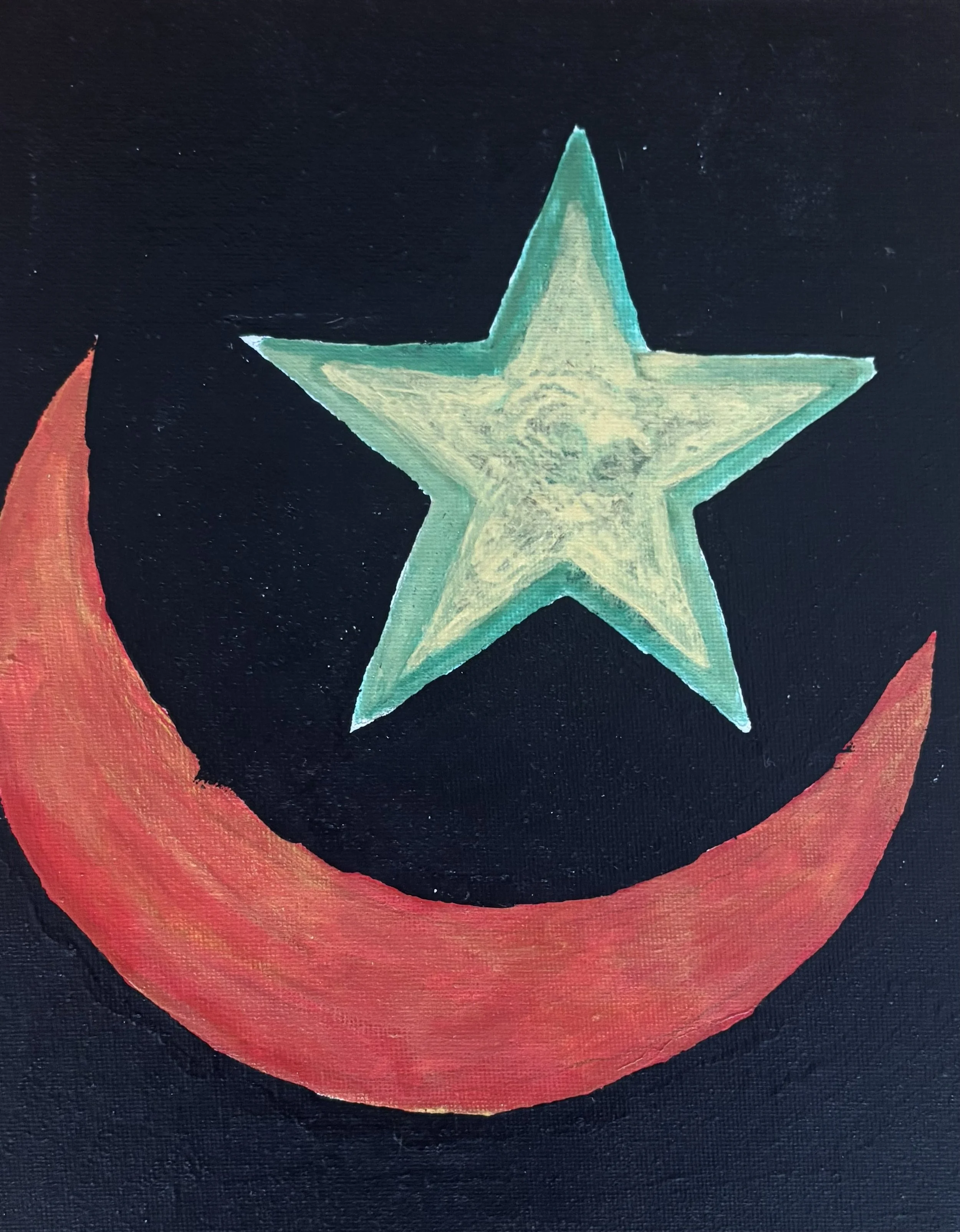 "Quantum Ob1 #3" / Paint on canvas panel / 10" x 8" / FOR SALE $75. Islam symbol. An orange crescent moon and a green and yellow star on a black background