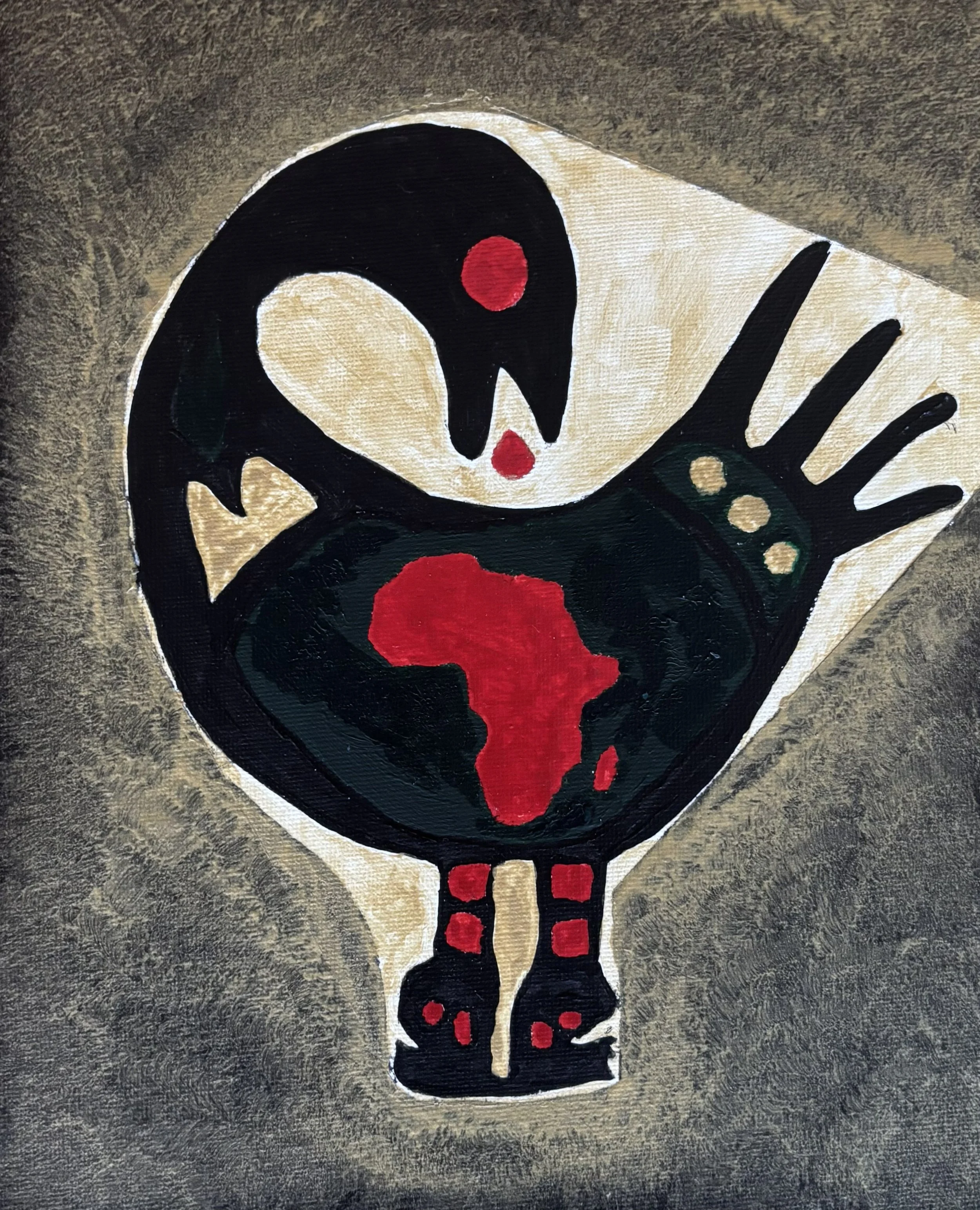 "Quantum Ob1 #2" / Paint on canvas panel / 10" x 8" / FOR SALE $75. A black Sankofa bird with the shape of Africa and other small details in red on a gray background