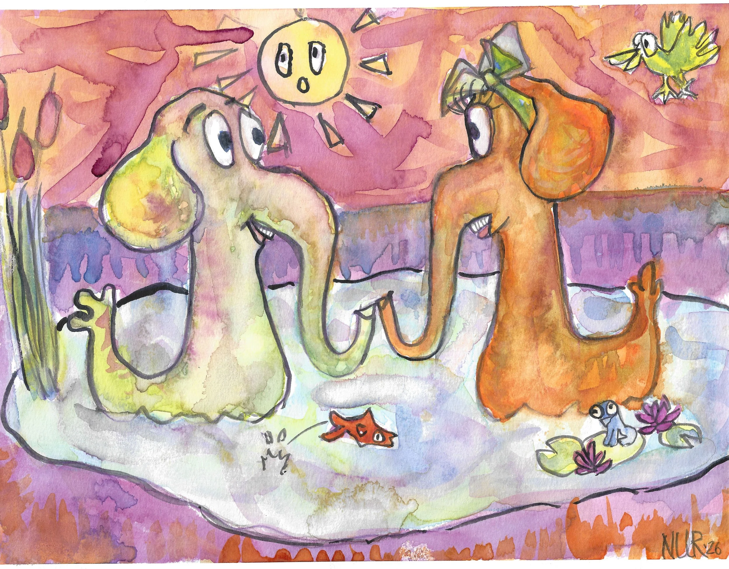 "Soulmates on the Lake #1" / 2026 / Watercolor on paper / 8" x 10" / FOR SALE $10-20. Cartoonish scene depicting two imaginary creatures  with elephant like heads on duck bodies swimming toward each other in a small pond and smiling. Cattails poke ou