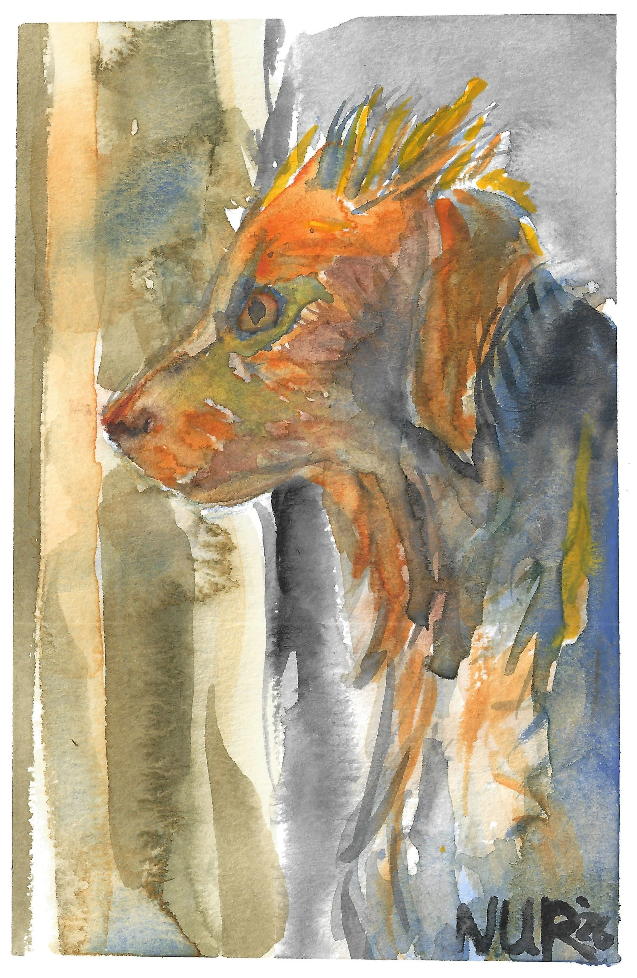 "Dog" / 2026 / Watercolor on paper / 6 " x 4" / FOR SALE $5-10. Shaggy dog-like creature shown from the side of its face looking anxiously out of a window suggested by thick vertical lines of dark and light. Colors of blue and orange clash to create 
