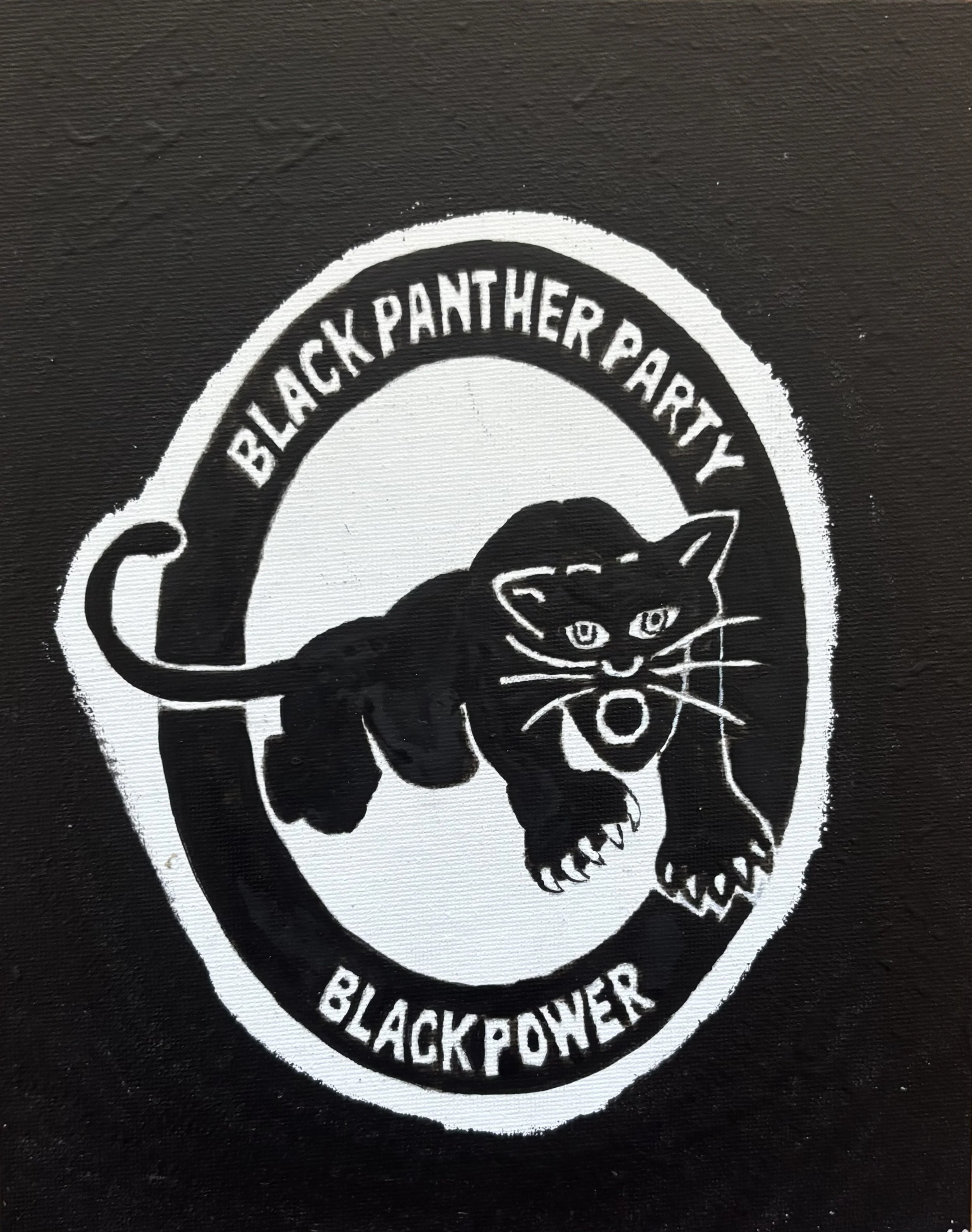 "Quantum Ob1 #9 / Paint on canvas panel / 10" x 8" / FOR SALE $75. Black Panther Party Black Power logo surrounded by a white border on a black background