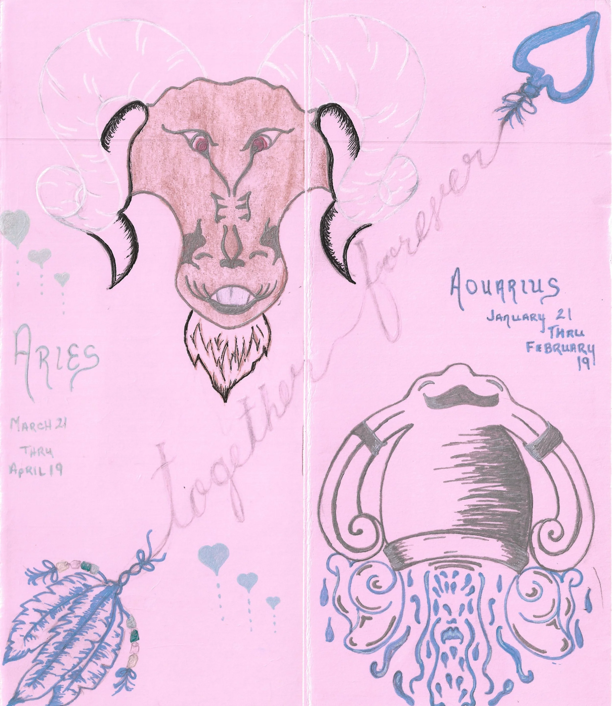 "Aries and Aquarius" / 2026 / Pencil, markers, and gel pen on cardstock / 8.5" x 7.5" / FOR SALE $3-5. A pink tri-fold card with colorful drawings of the face of a ram and water flowing from an amphora jar labeled ARIES March 21 thru April 19 and AQU
