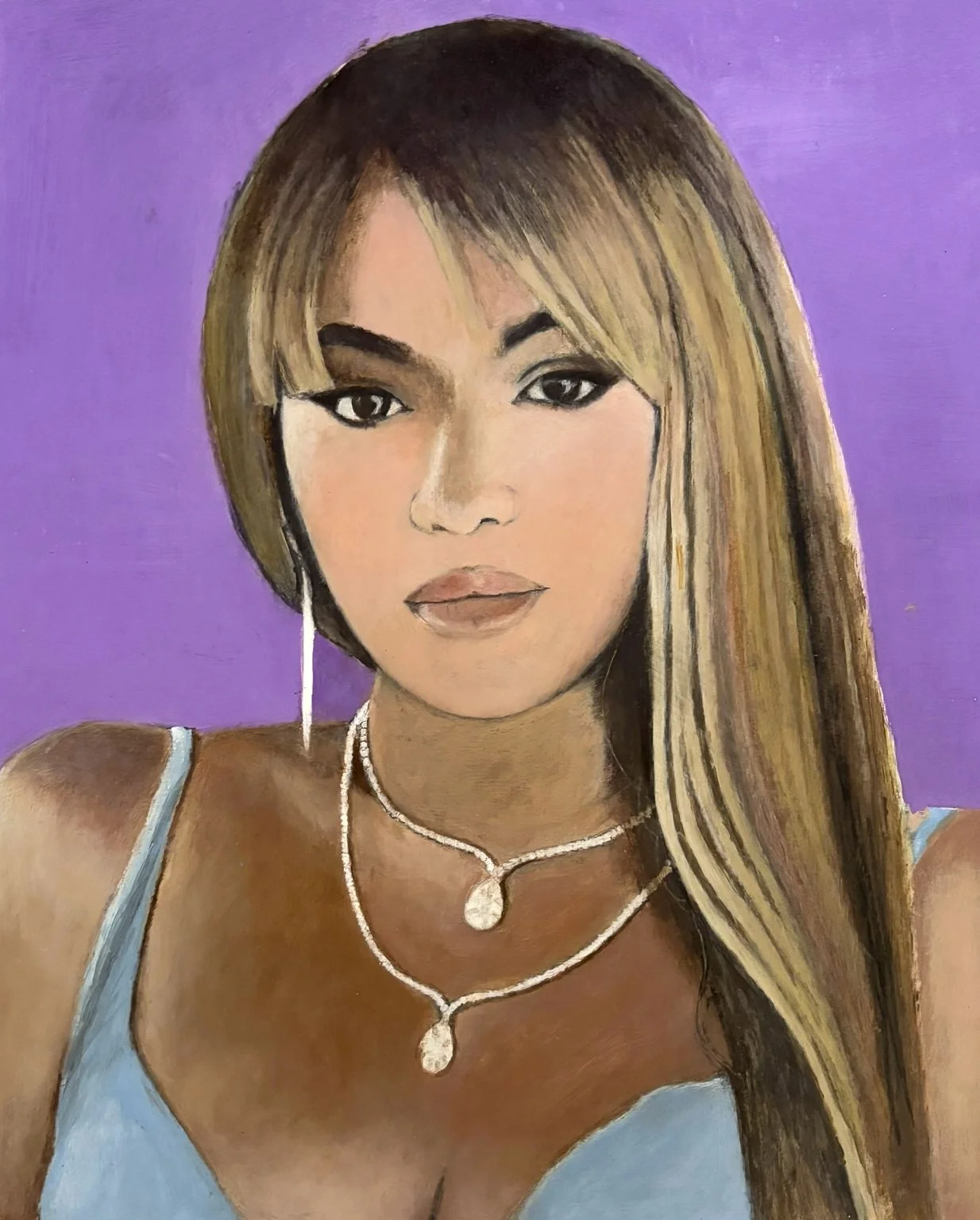 "Beyoncé #2" / 2025 / Acrylic paint on Bristol / 17" x 14" / FOR SALE $500-1000. A realistic portrait of Beyoncé on a lilac purple background. Beyoncé has long light brown hair and is wearing two small pendant necklaces