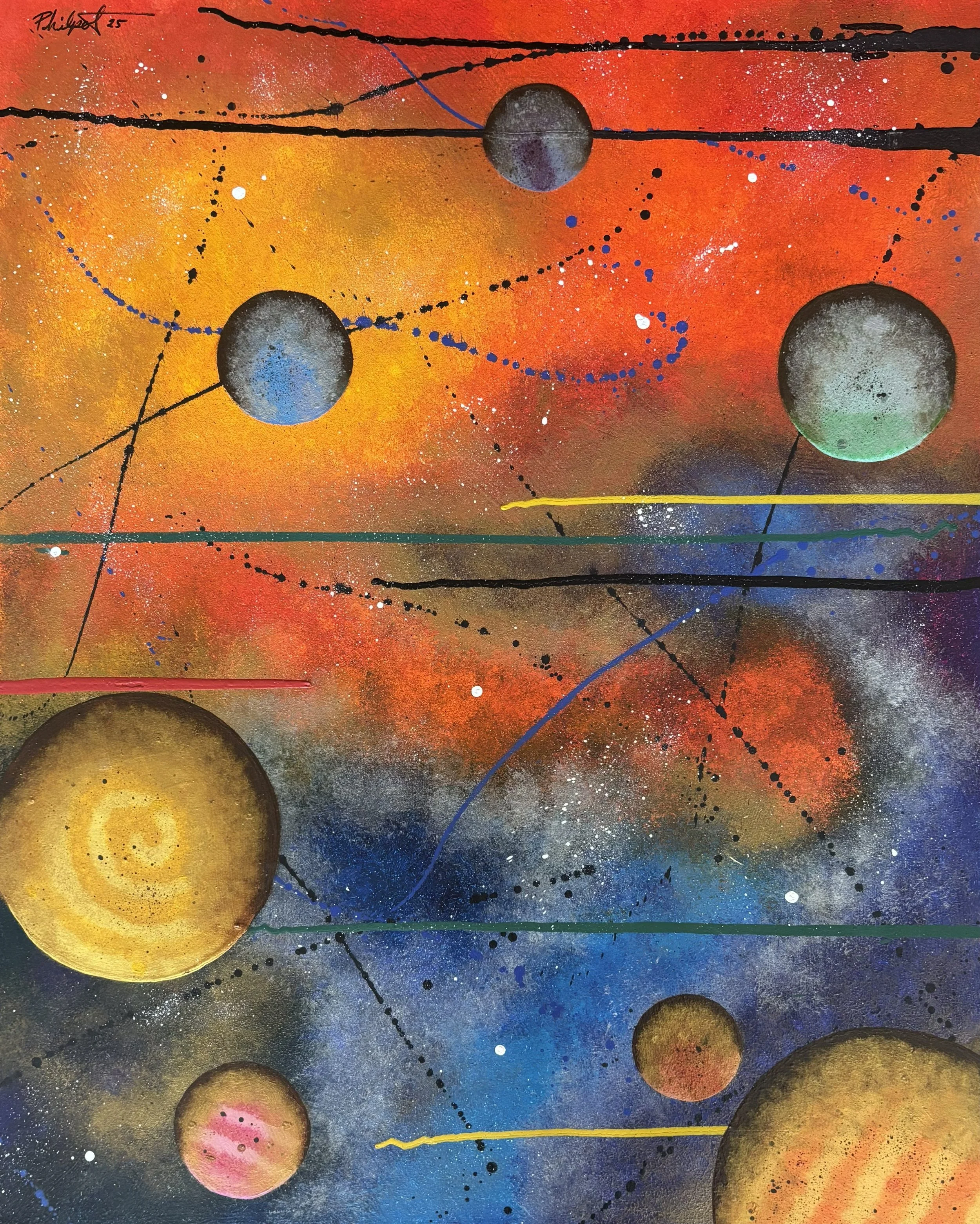 "Nebula Skies" / 2026 / Acrylic on wood / 24" x 30" / FOR SALE $200. Several planets of different colors. Space around the planet is red, yellow, blue, and black fading into each other with star-filled galaxies and drips and sprays of paint