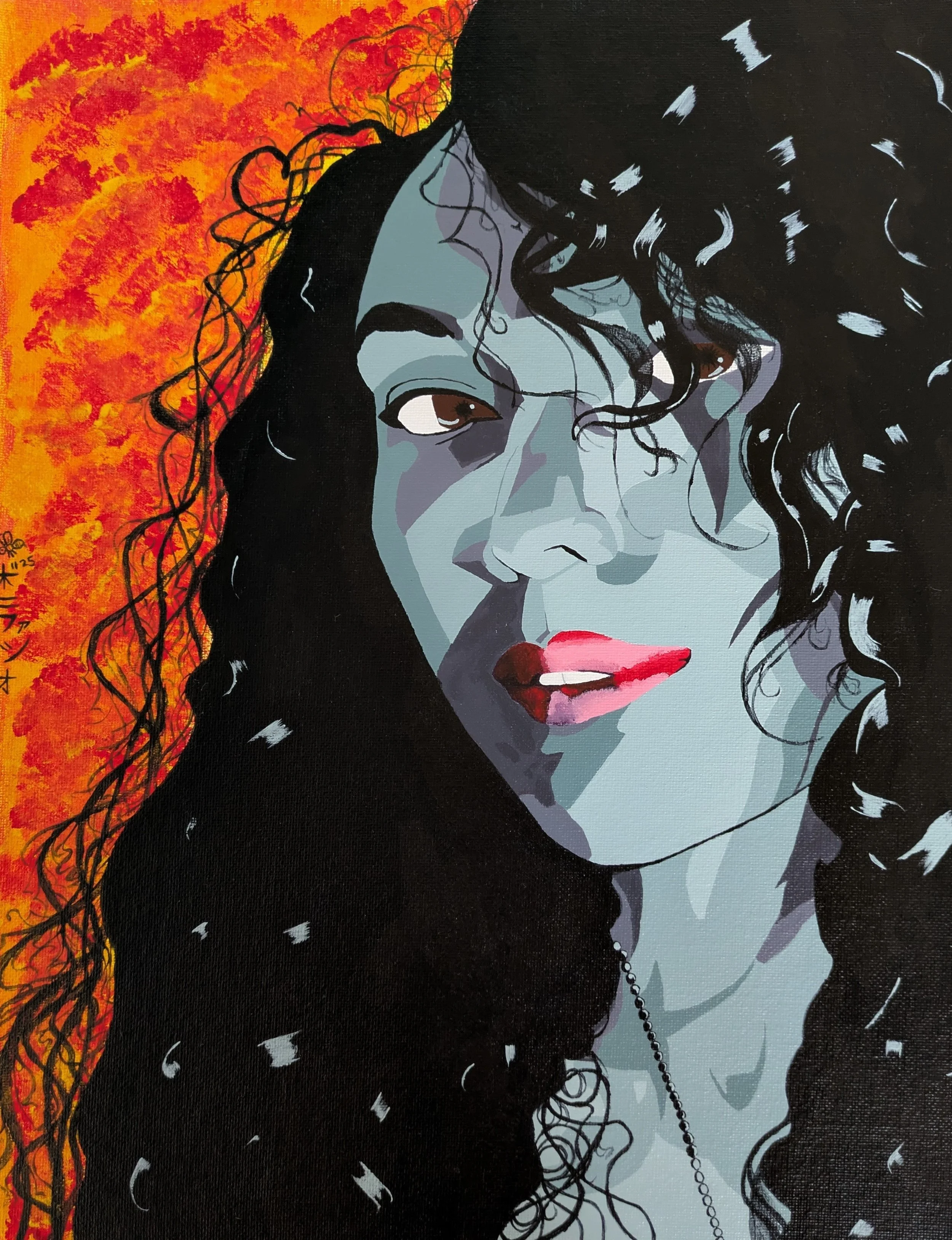 "Still Luv" / 2025 / Acrylic on canvas / 14" x 11" / FOR SALE $600. A stylized portrait of Kennedy Rd. There is a multi-shade orange background behind the subject's long black curly hair.