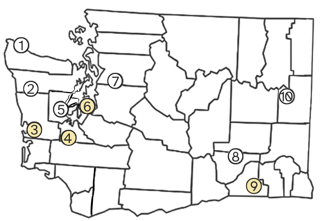 Map of Washington state indicating the ten state prisons listed in the key. The yellow dots indicating where SAC artists are located are Stafford Creek, Cedar Creek, Washington Corrections Center for Women, and Washington State Penitentiary.