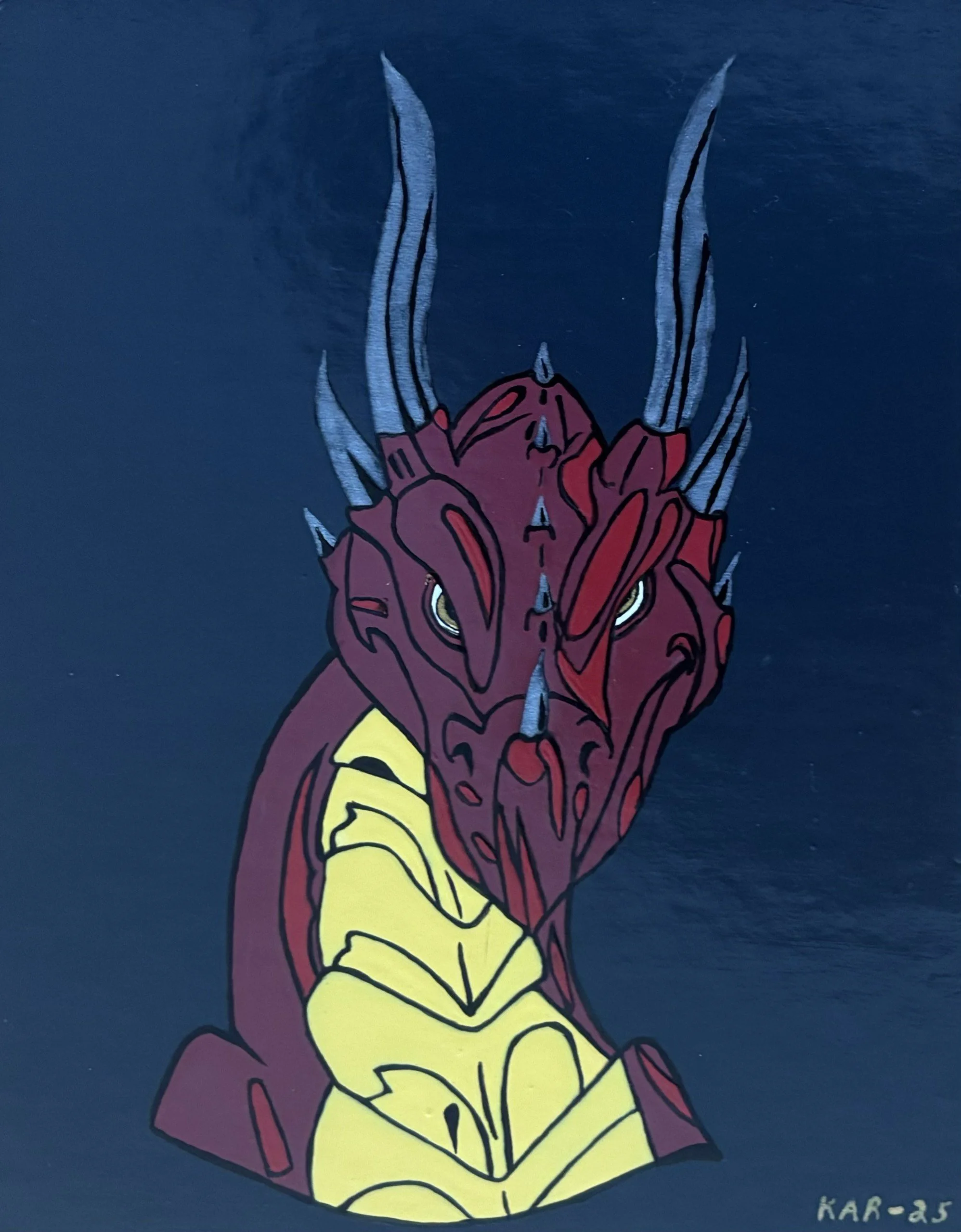 "Angry Dragon", acrylic paint on chipboard, 2025. Red and yellow dragon looking at the viewer with a black background. 

Keith says: "I like how dark backgrounds bring out the picture."