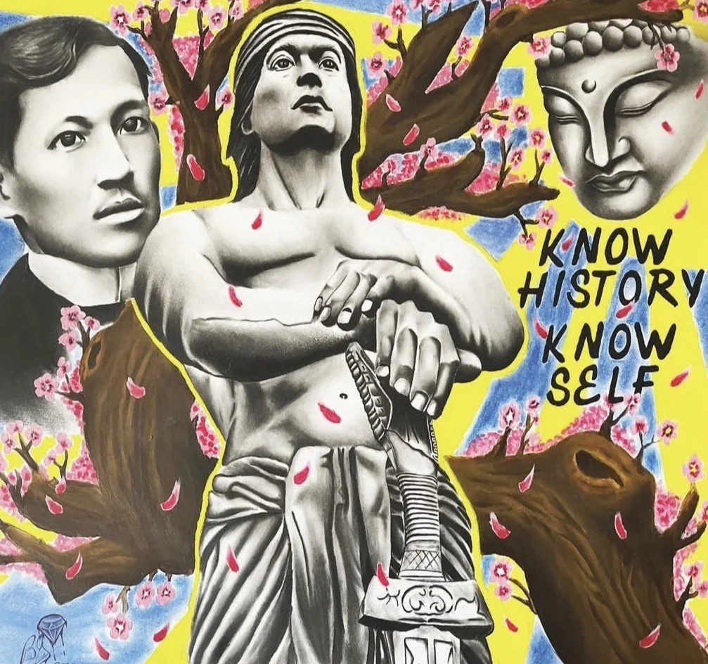 "Know History, Know Thyself" / 2025 / Charcoal, pastel, and paint / 8" x 8". Lapu Lapu, Filipino Chief (center); Jose Rizal, revolutionary intellectual (top left); Buddha, enlightenment (top right); Cherry Blossom tree, rebirth (background). "- Repre