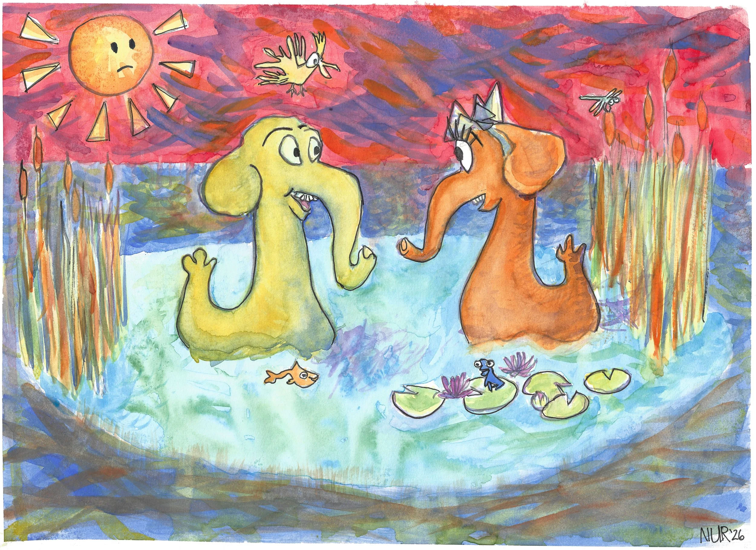 "Soulmates on the Lake #2" / 2026 / Watercolor and pen on paper / 11" x 15" / FOR SALE $25-35. Cartoonish scene depicting two imaginary creatures  with elephant like heads on duck bodies swimming toward each other in a small pond and smiling. Cattail