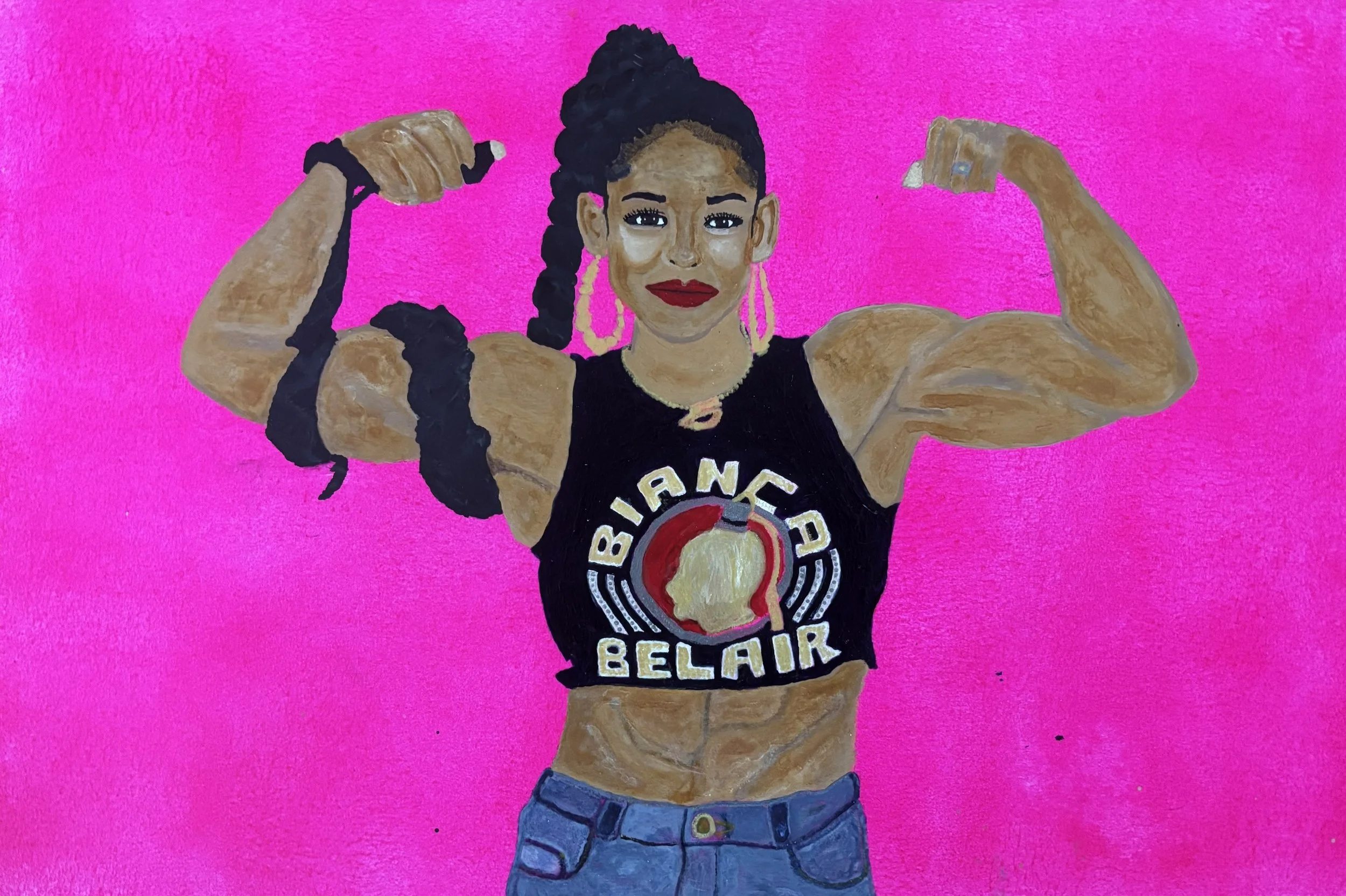 "Quantum Ob1 #14" / Paint on thick panel / 12" x 18" / FOR SALE $100. Pro wrestler Bianca Belair with a long hair braid wrapping around one of the flexed arms. There is a pink background